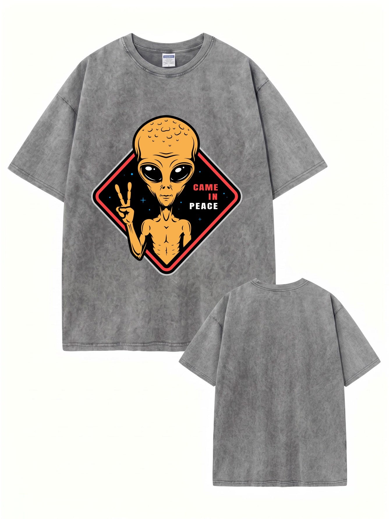 Vintage Washed Alien 'Came In Peace' Graphic Tee - Heavyweight Cotton