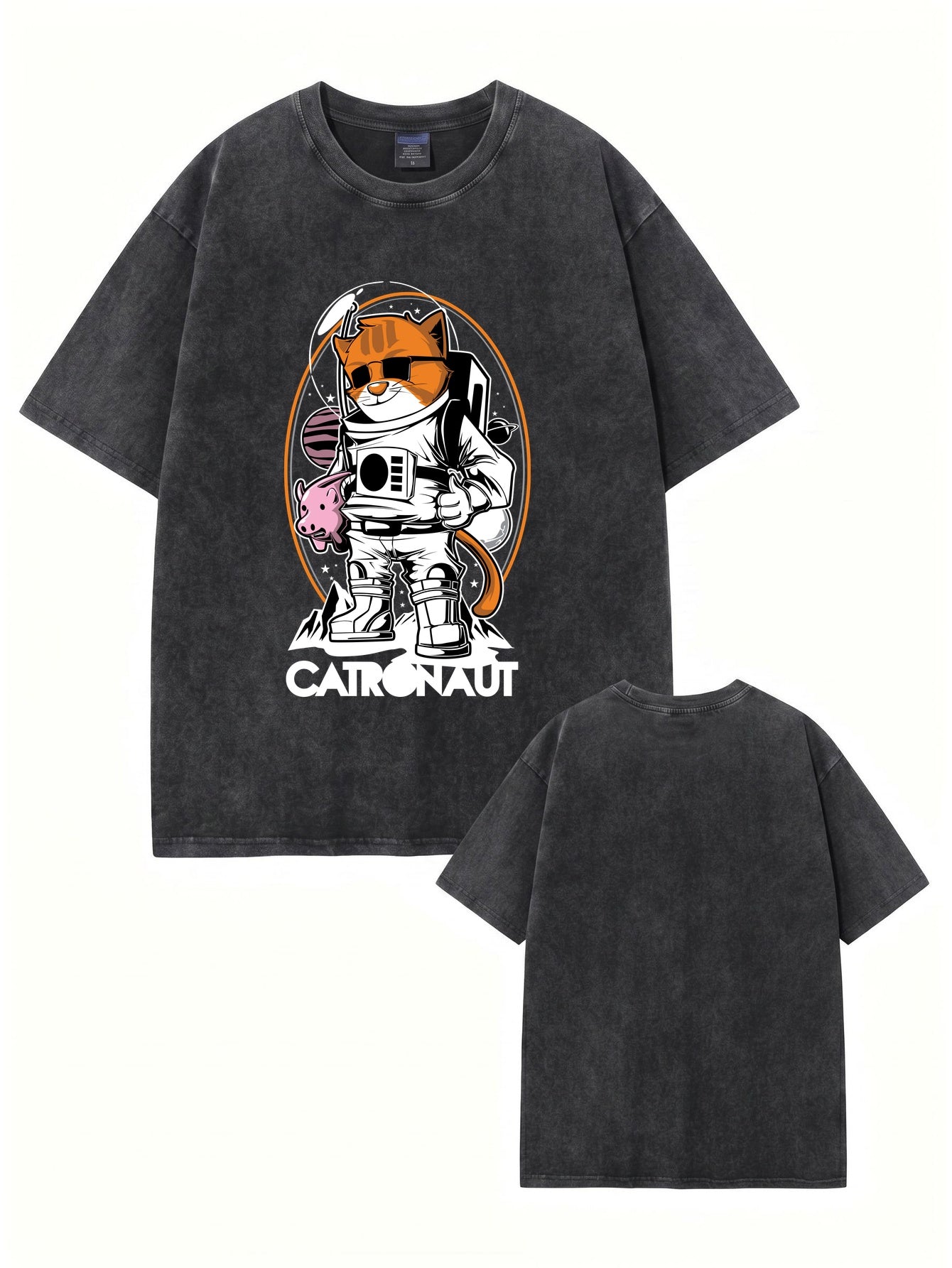Vintage Washed Catronaut Space Cat Graphic T-Shirt