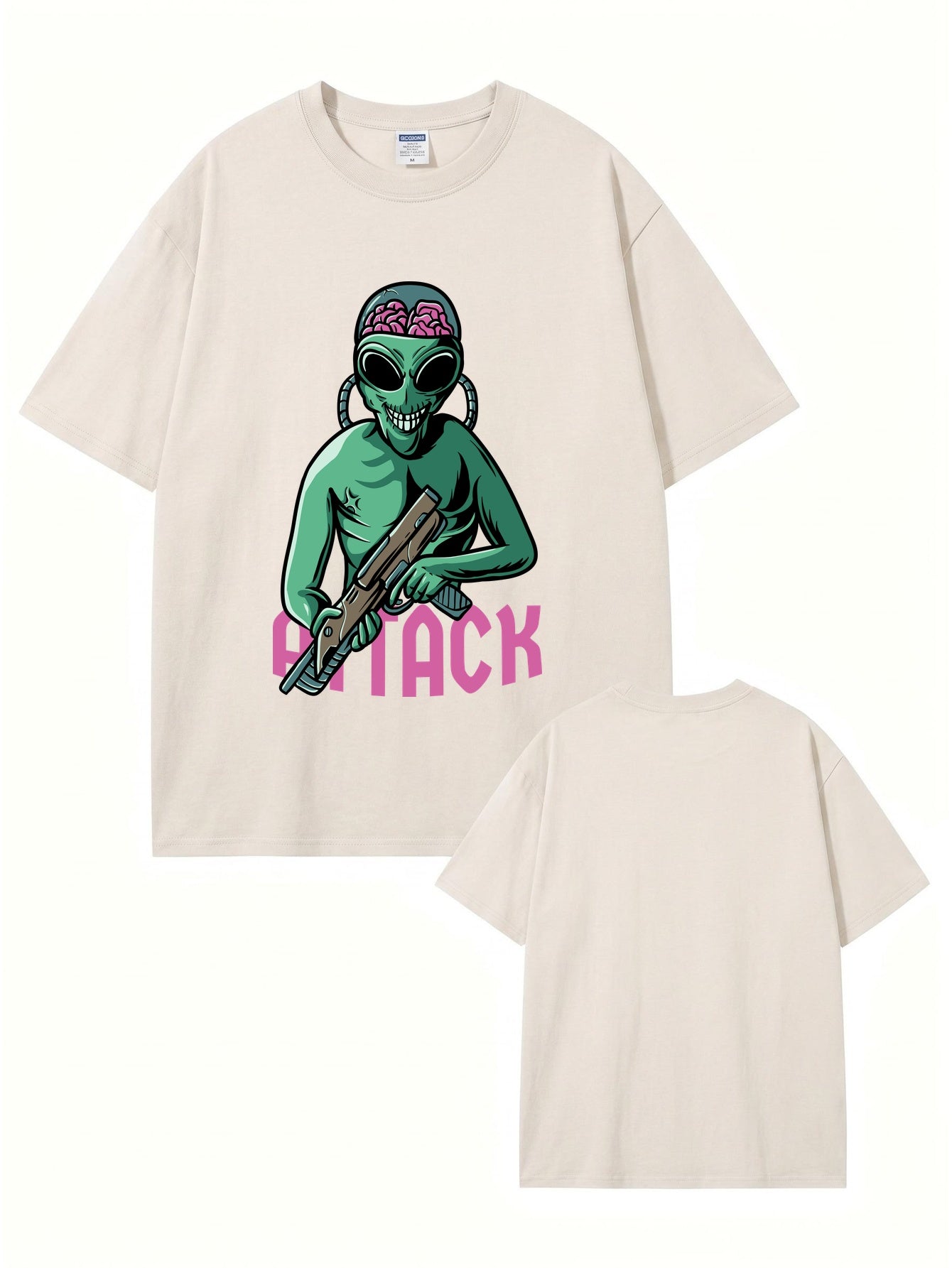Vintage Washed Alien Attack Graphic Heavyweight Cotton T-Shirt