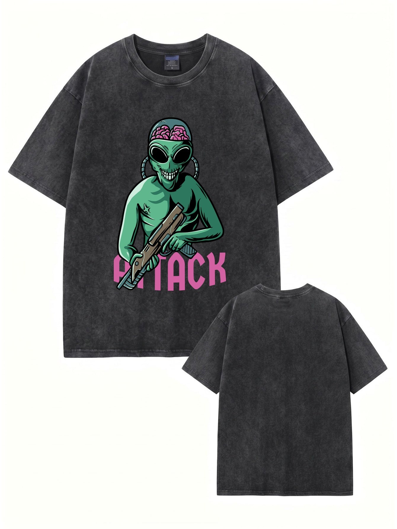Vintage Washed Alien Attack Graphic Heavyweight Cotton T-Shirt