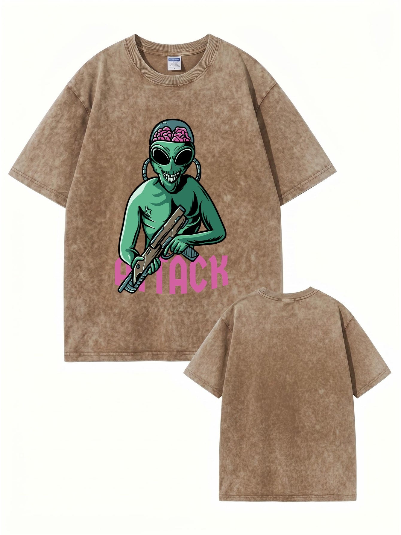 Vintage Washed Alien Attack Graphic Heavyweight Cotton T-Shirt