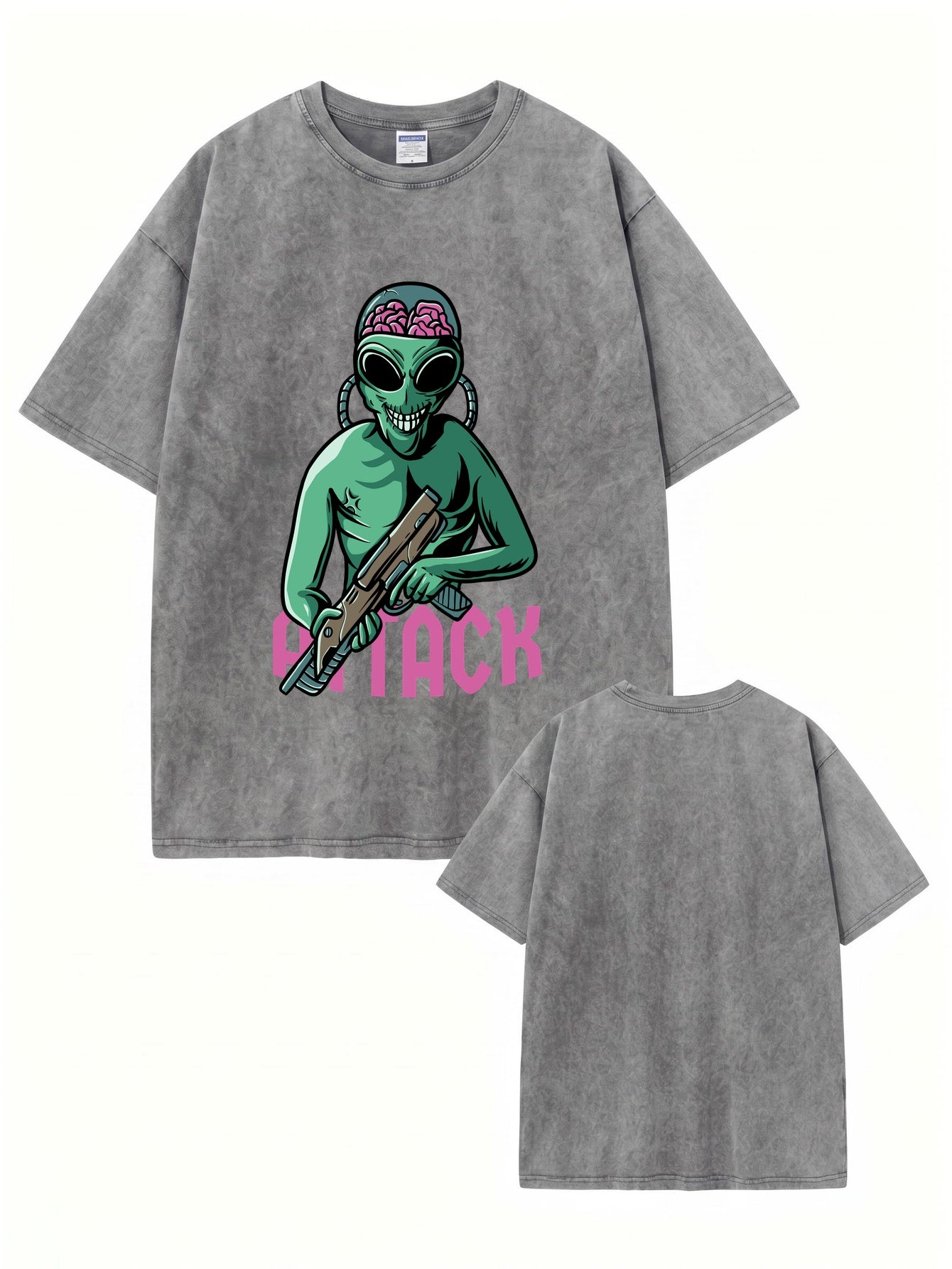 Vintage Washed Alien Attack Graphic Heavyweight Cotton T-Shirt