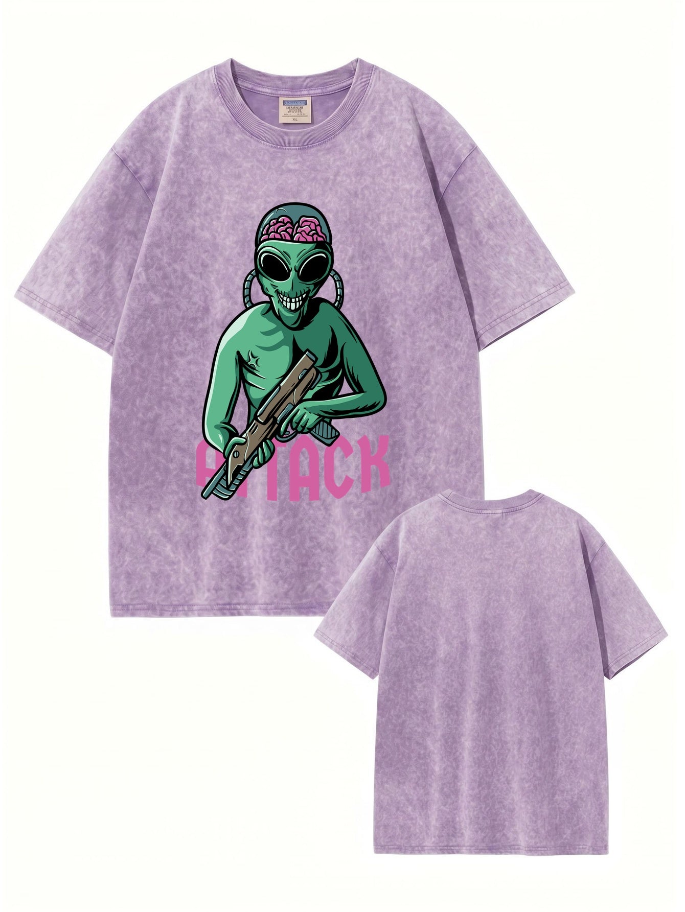 Vintage Washed Alien Attack Graphic Heavyweight Cotton T-Shirt