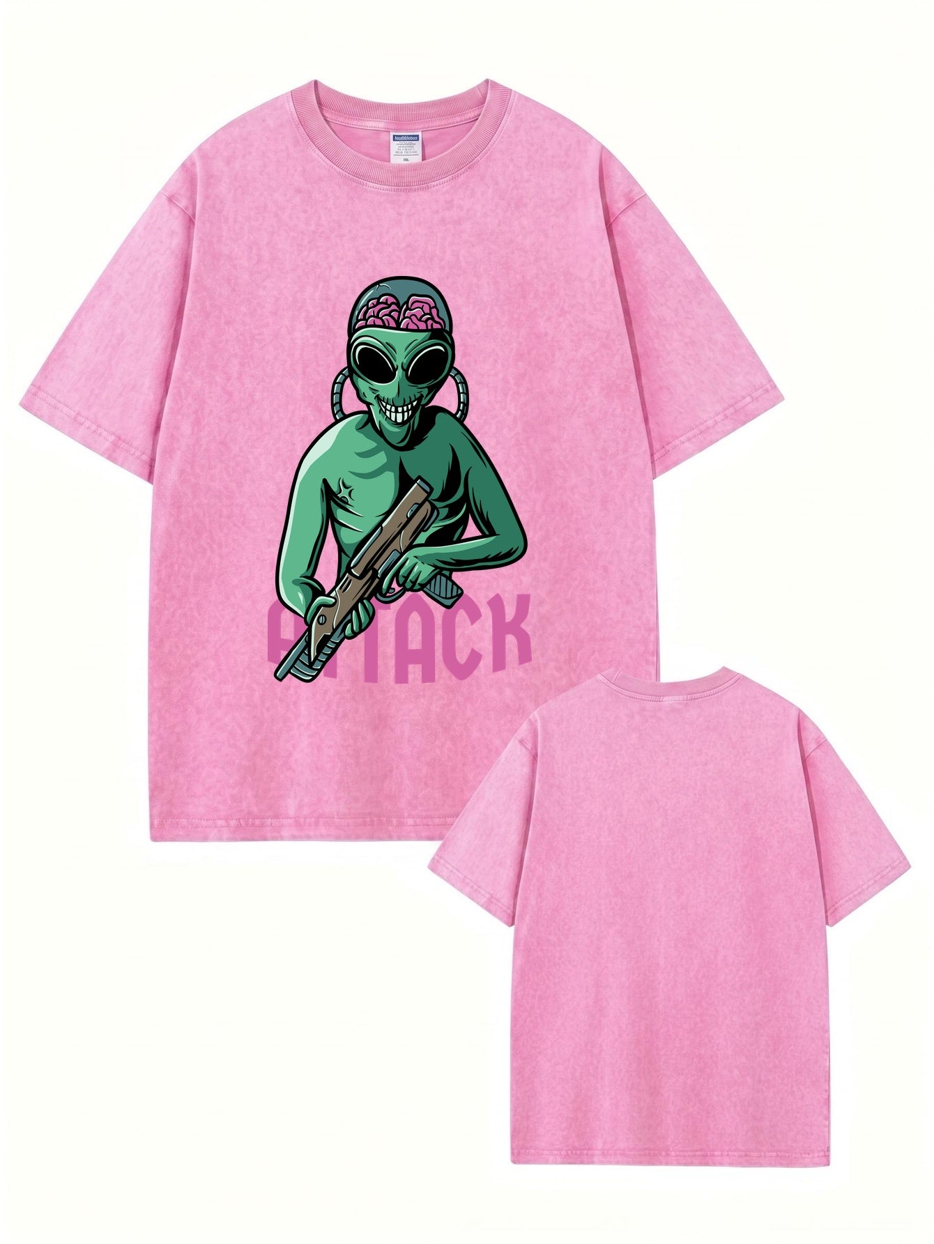 Vintage Washed Alien Attack Graphic Heavyweight Cotton T-Shirt