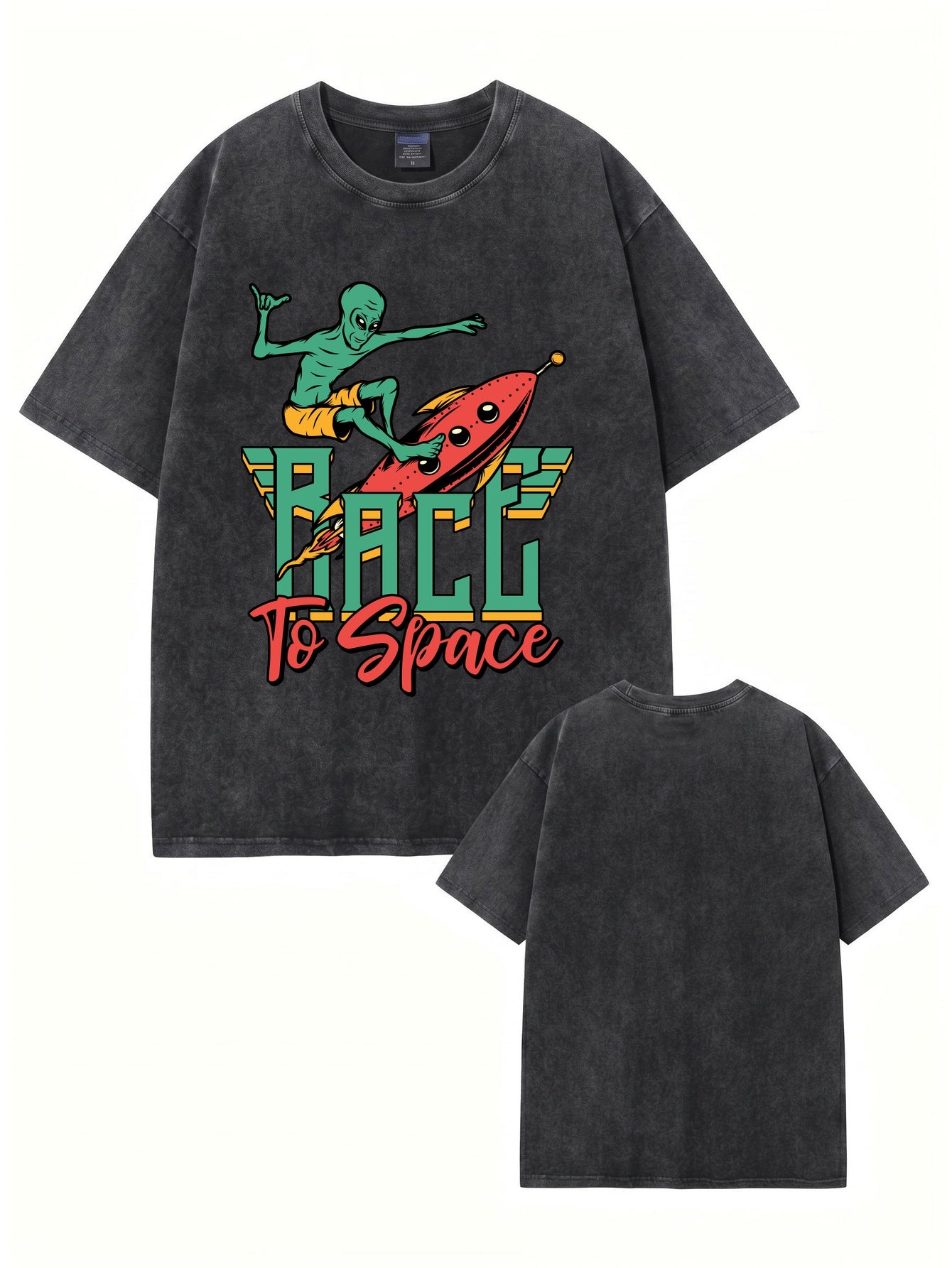 Race to Space Alien Graphic Tee - Vintage Washed Cotton Oversized T-Shirt