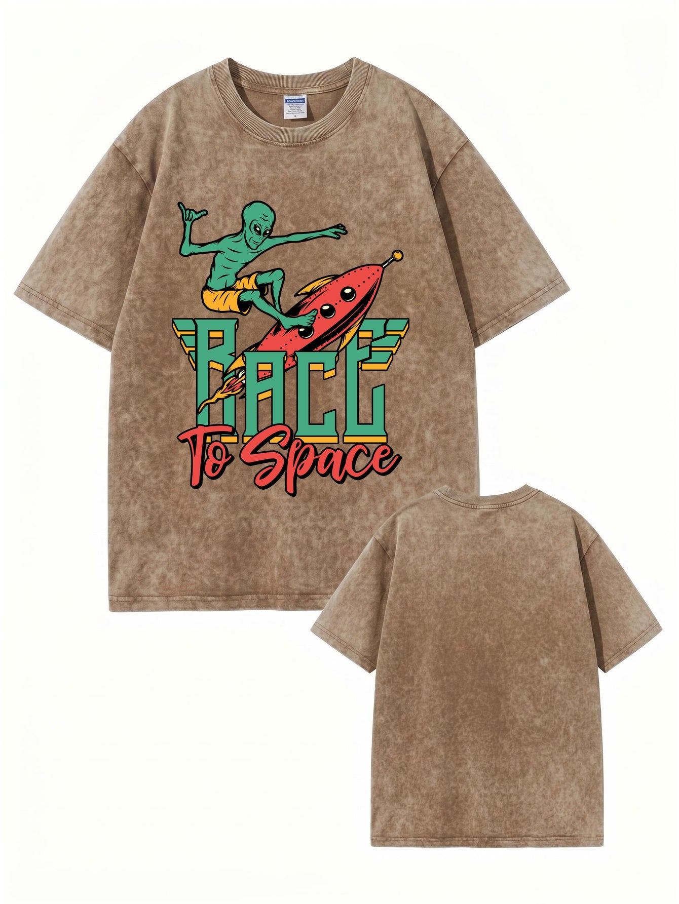 Race to Space Alien Graphic Tee - Vintage Washed Cotton Oversized T-Shirt