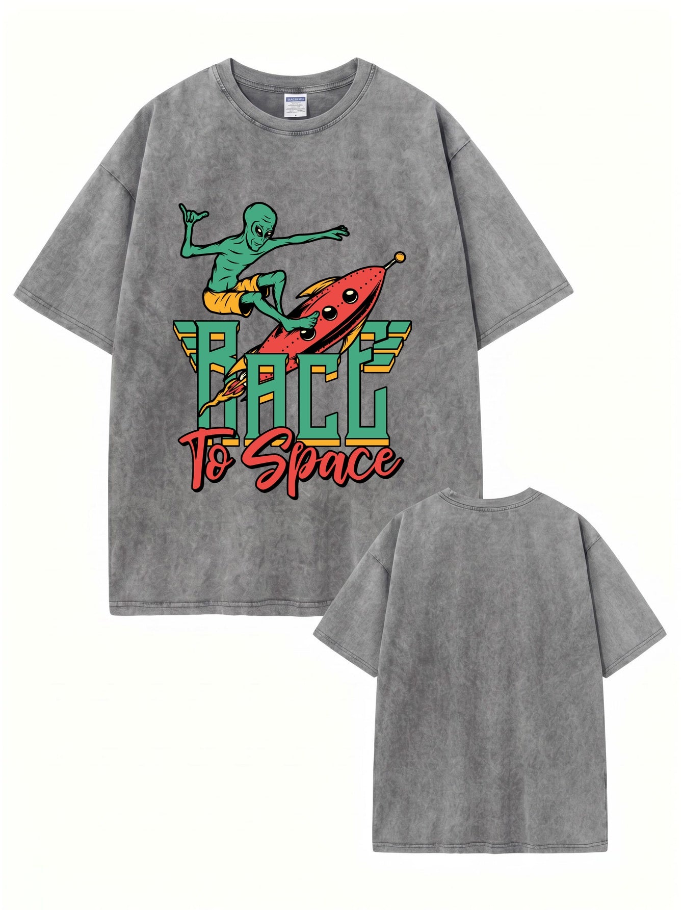 Race to Space Alien Graphic Tee - Vintage Washed Cotton Oversized T-Shirt
