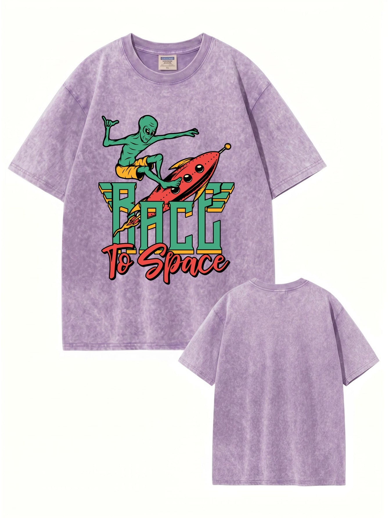 Race to Space Alien Graphic Tee - Vintage Washed Cotton Oversized T-Shirt