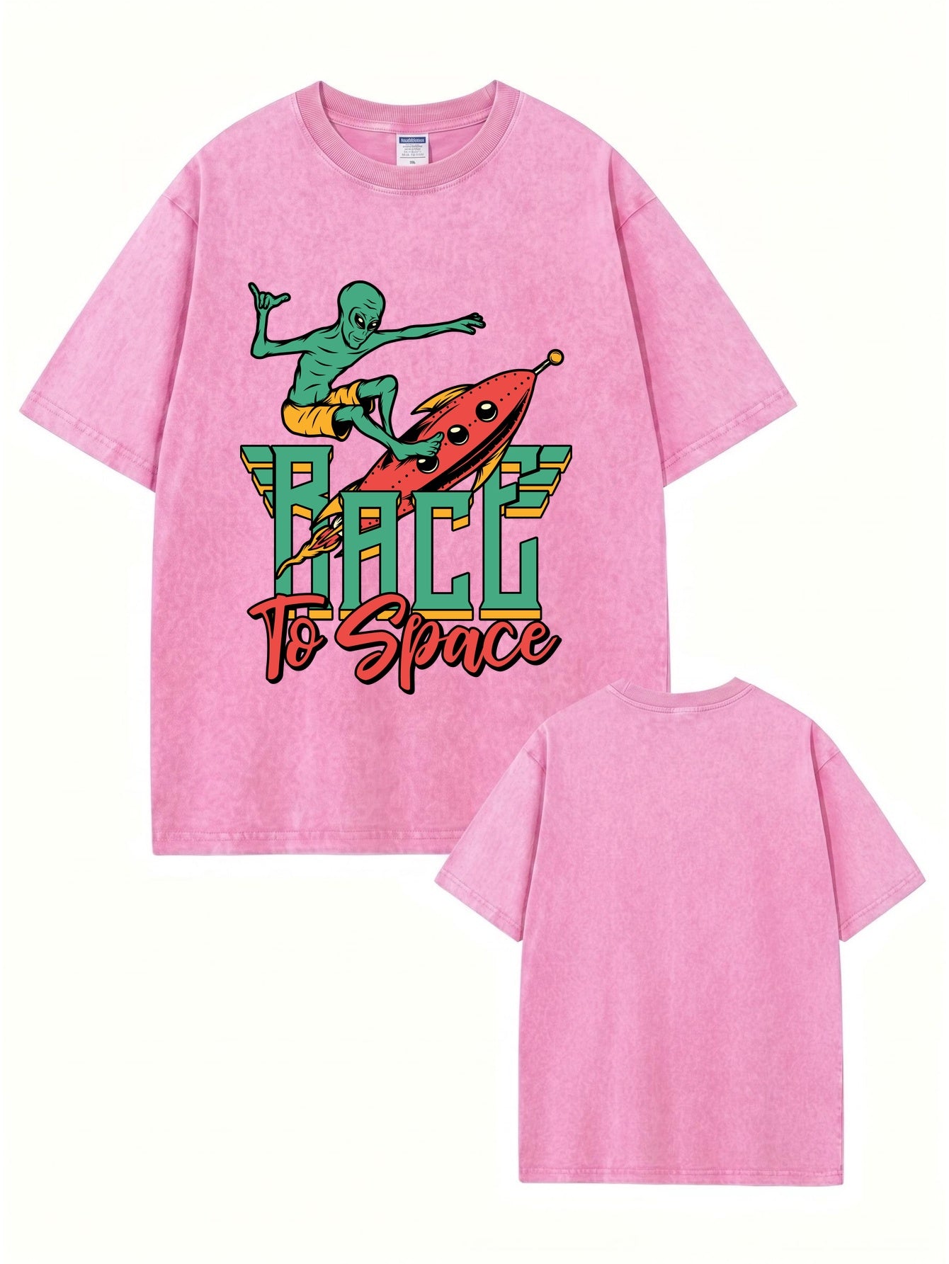 Race to Space Alien Graphic Tee - Vintage Washed Cotton Oversized T-Shirt