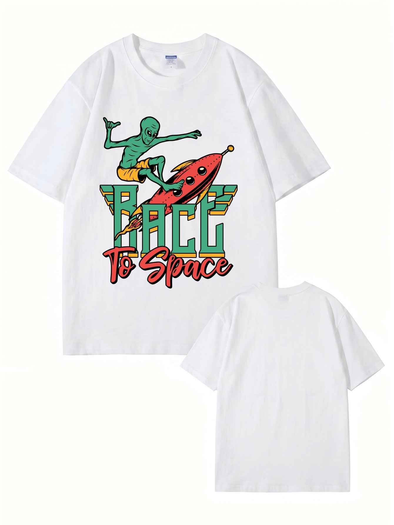 Race to Space Alien Surfing Rocket Graphic Print T-Shirt
