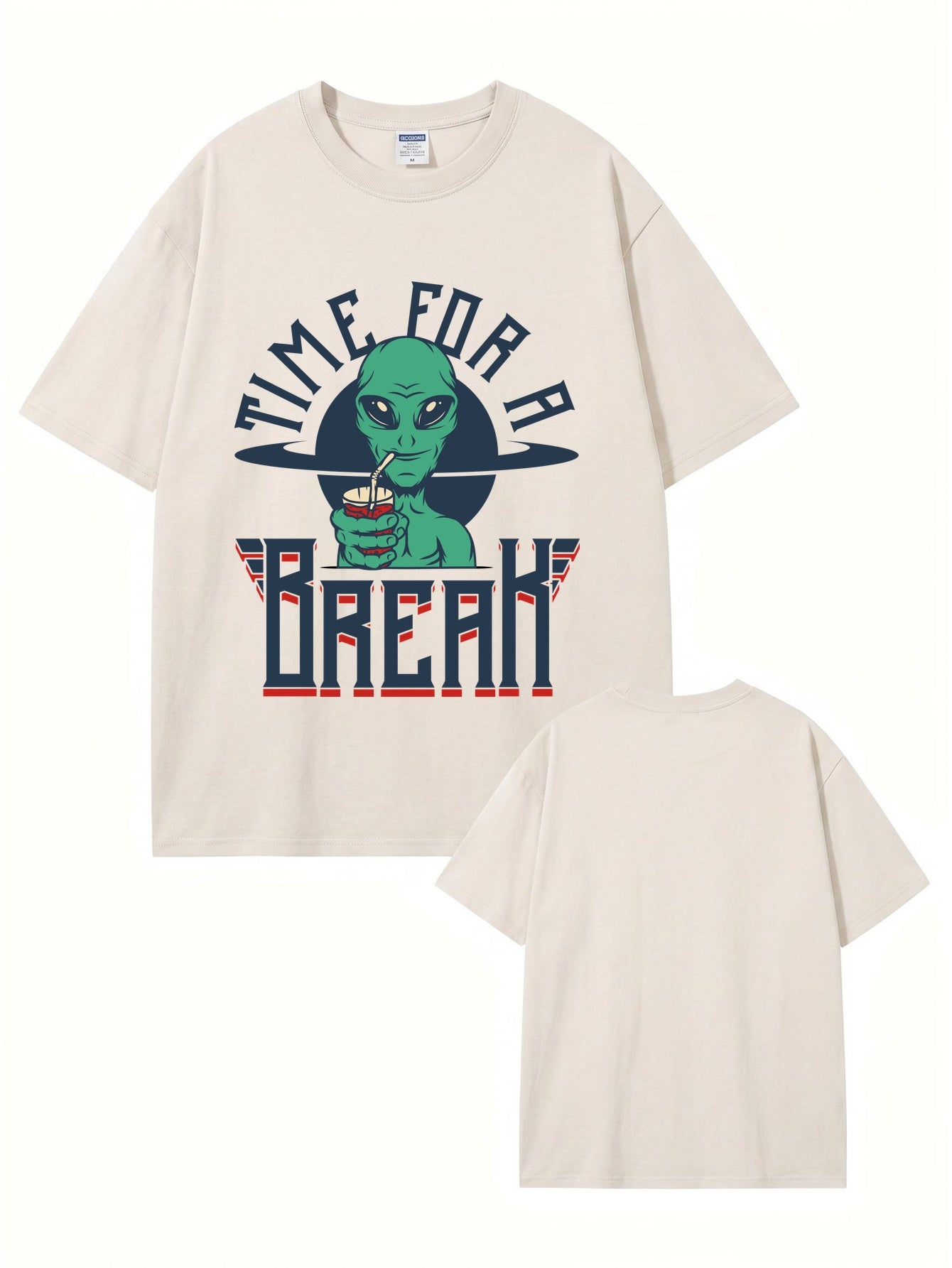 Vintage Washed Alien 'Time For A Break' Graphic T-Shirt - 300gsm Heavyweight Cotton