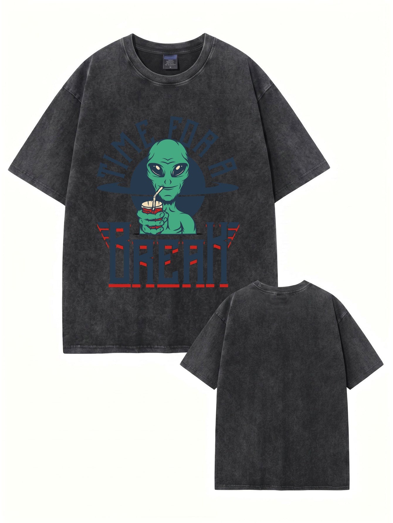 Vintage Washed Alien 'Time For A Break' Graphic T-Shirt - 300gsm Heavyweight Cotton