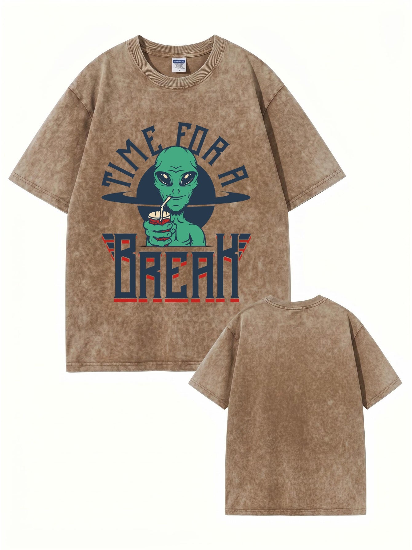 Vintage Washed Alien 'Time For A Break' Graphic T-Shirt - 300gsm Heavyweight Cotton