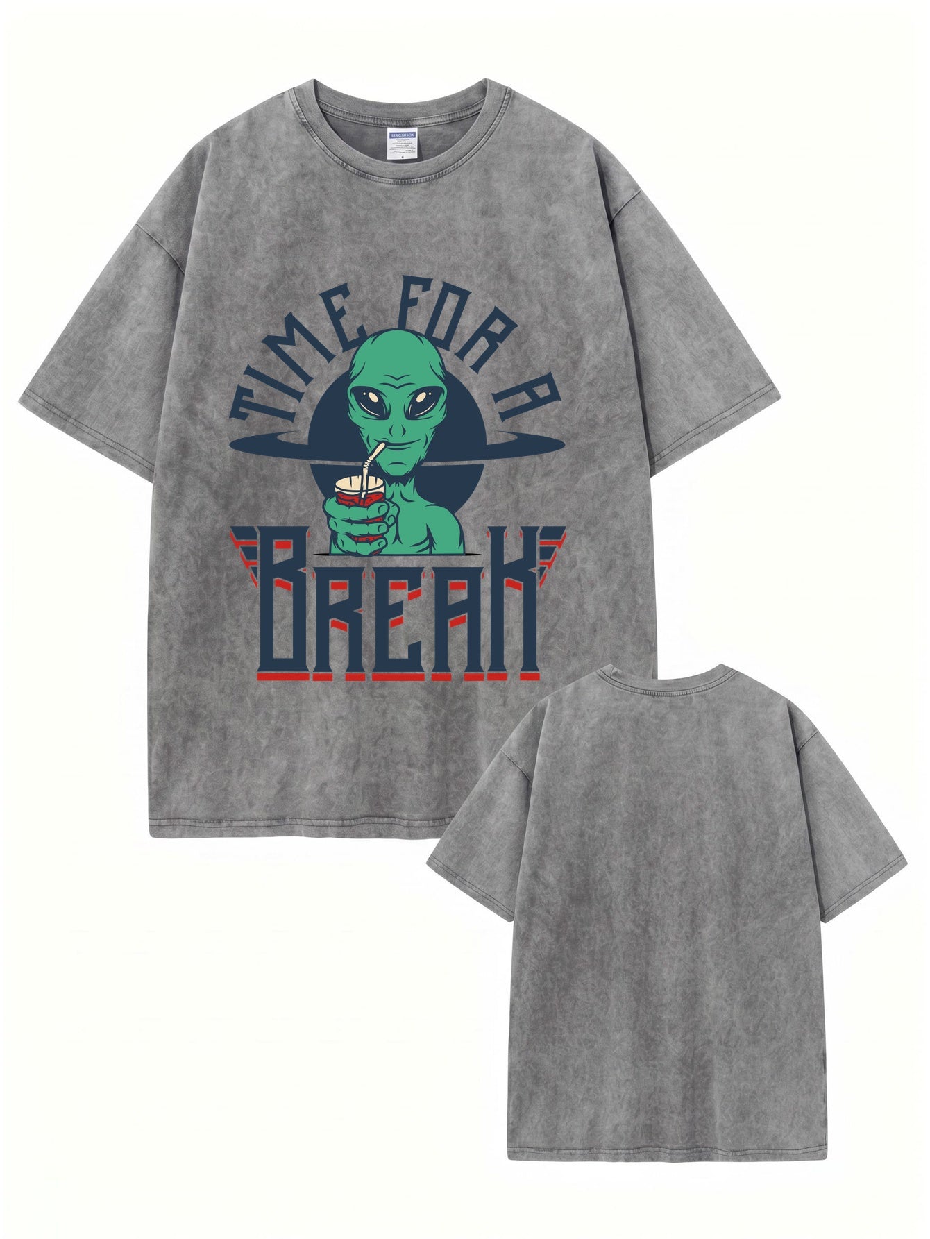 Vintage Washed Alien 'Time For A Break' Graphic T-Shirt - 300gsm Heavyweight Cotton