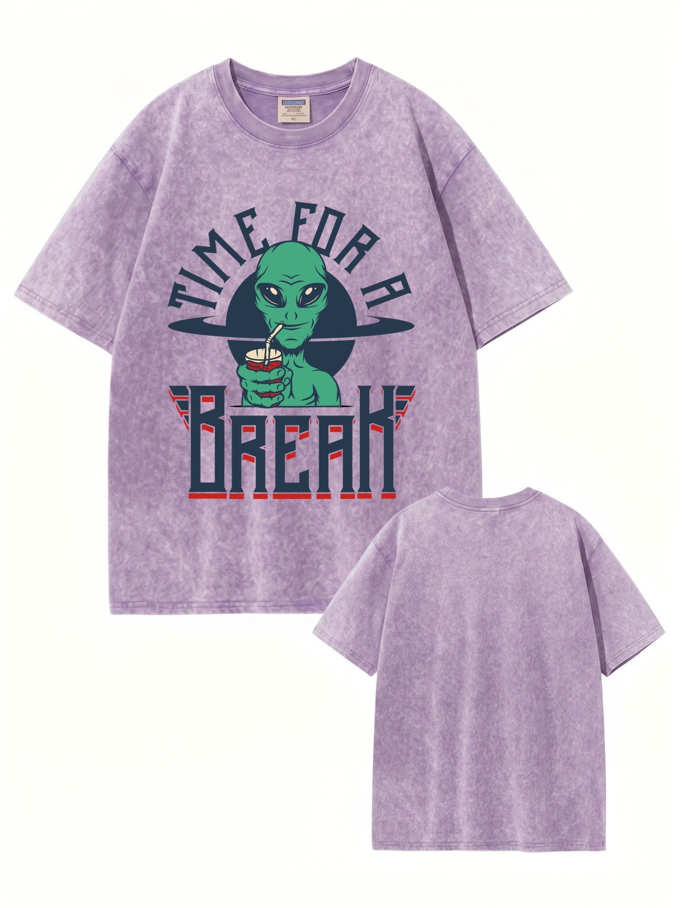 Vintage Washed Alien 'Time For A Break' Graphic T-Shirt - 300gsm Heavyweight Cotton
