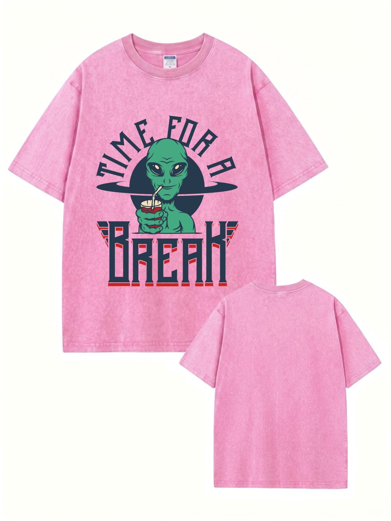 Vintage Washed Alien 'Time For A Break' Graphic T-Shirt - 300gsm Heavyweight Cotton
