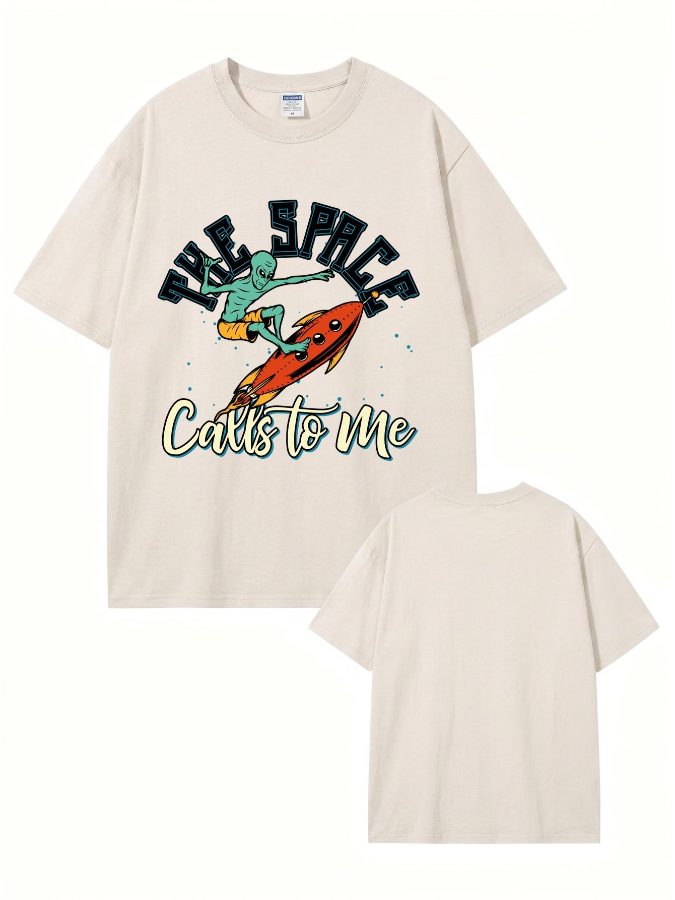 Vintage Washed Cotton T-Shirt - Alien Surfing Rocket Graphic Print Tee