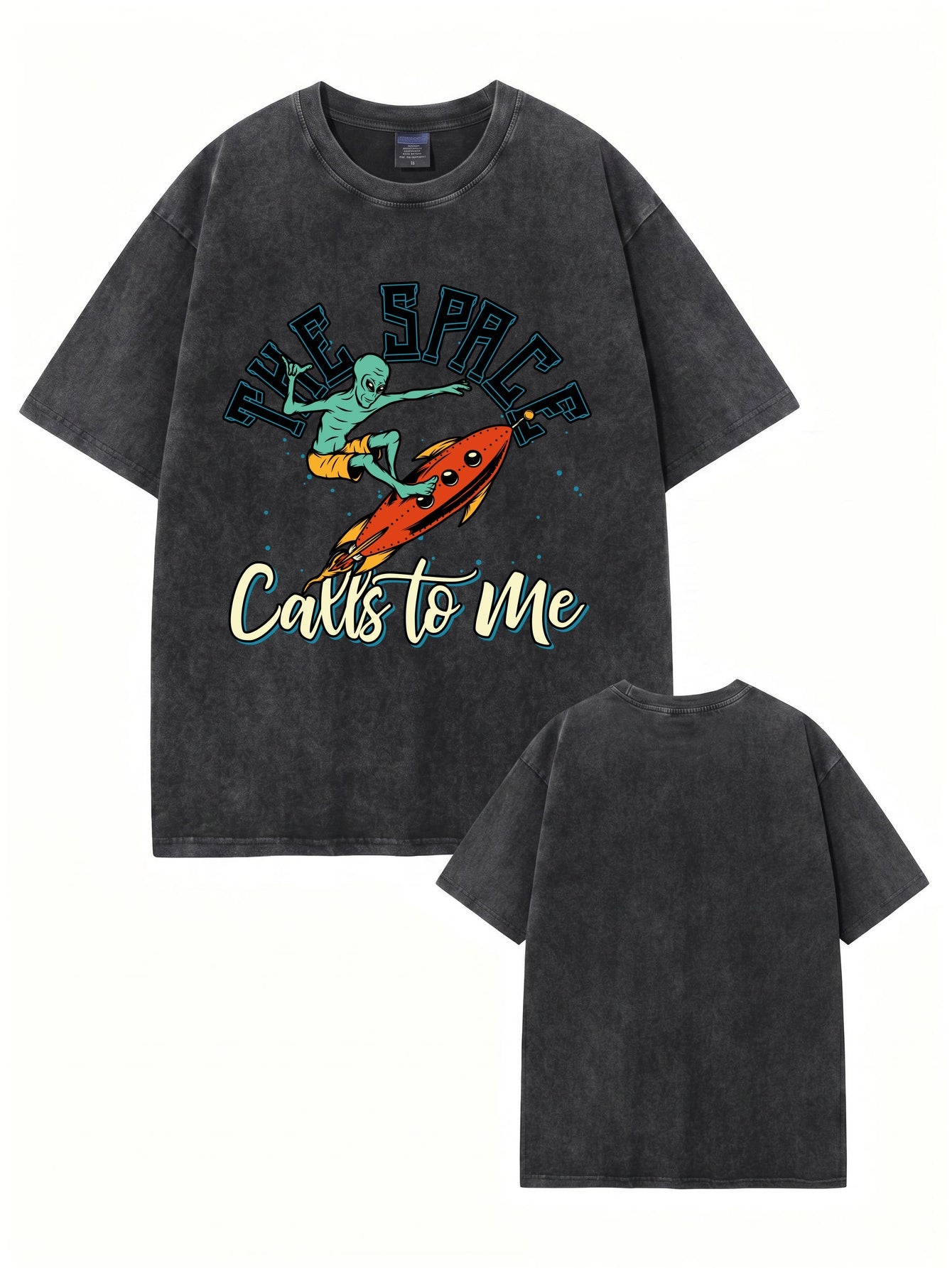 Vintage Washed Cotton T-Shirt - Alien Surfing Rocket Graphic Print Tee