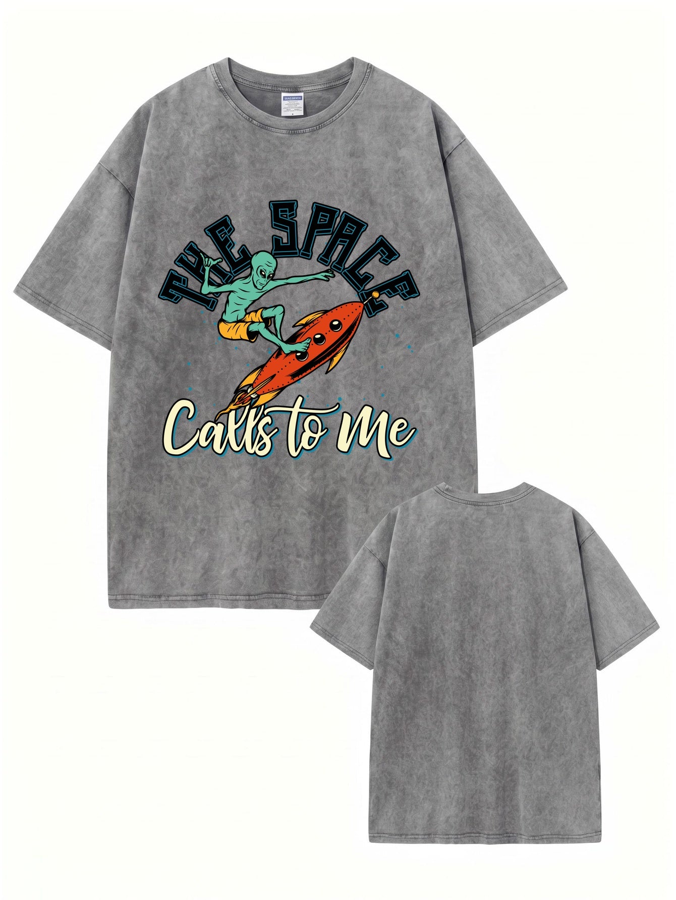 Vintage Washed Cotton T-Shirt - Alien Surfing Rocket Graphic Print Tee