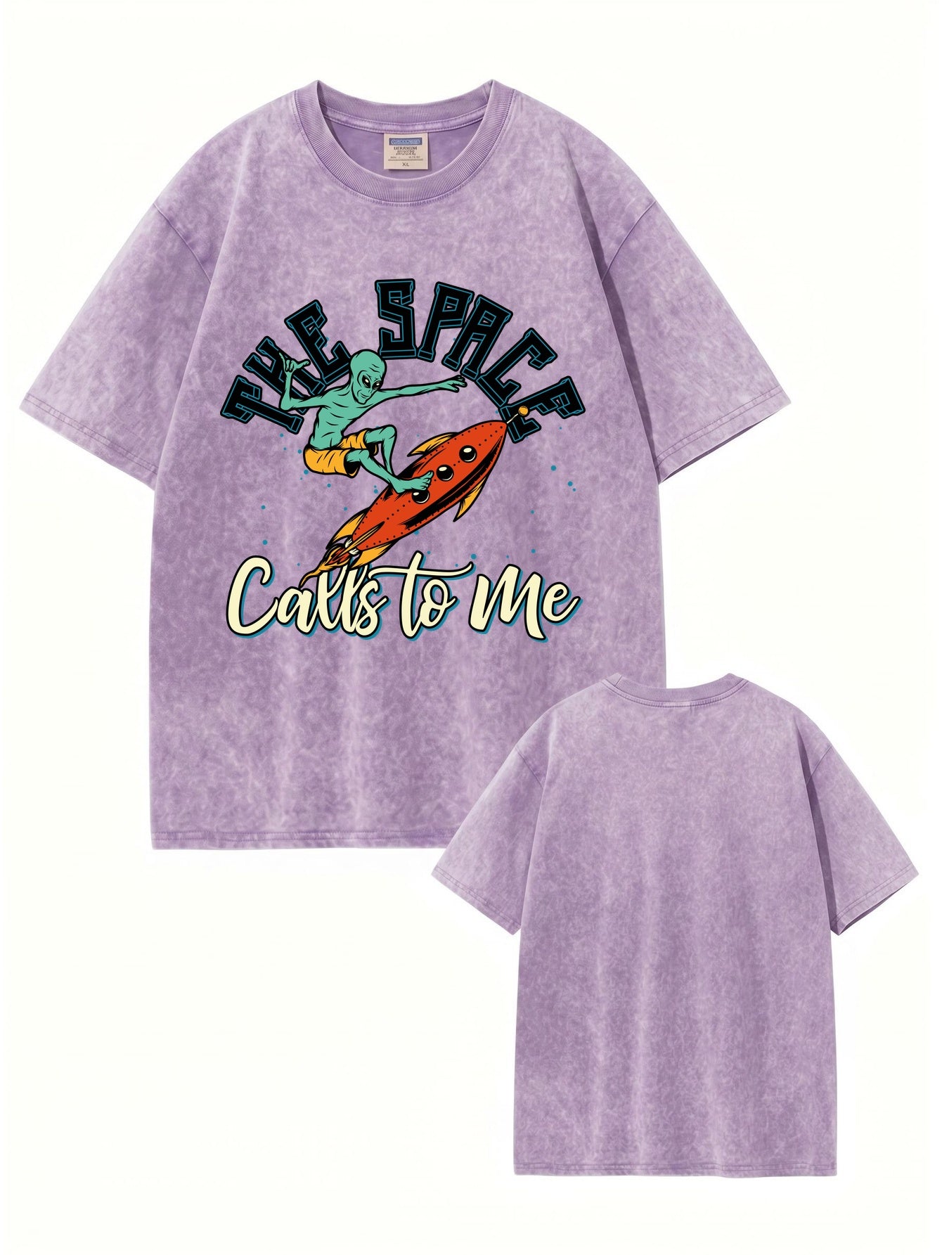 Vintage Washed Cotton T-Shirt - Alien Surfing Rocket Graphic Print Tee