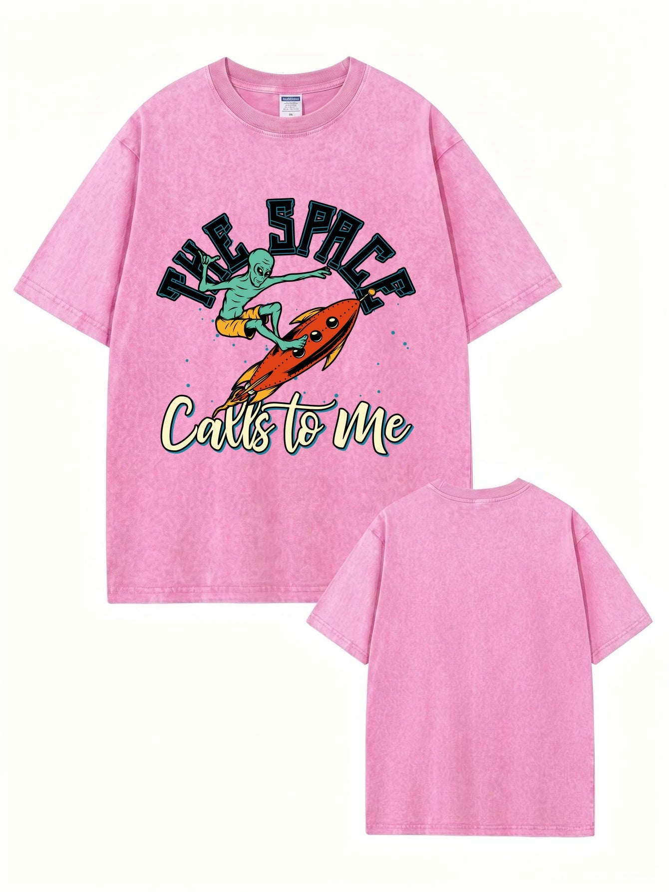 Vintage Washed Cotton T-Shirt - Alien Surfing Rocket Graphic Print Tee