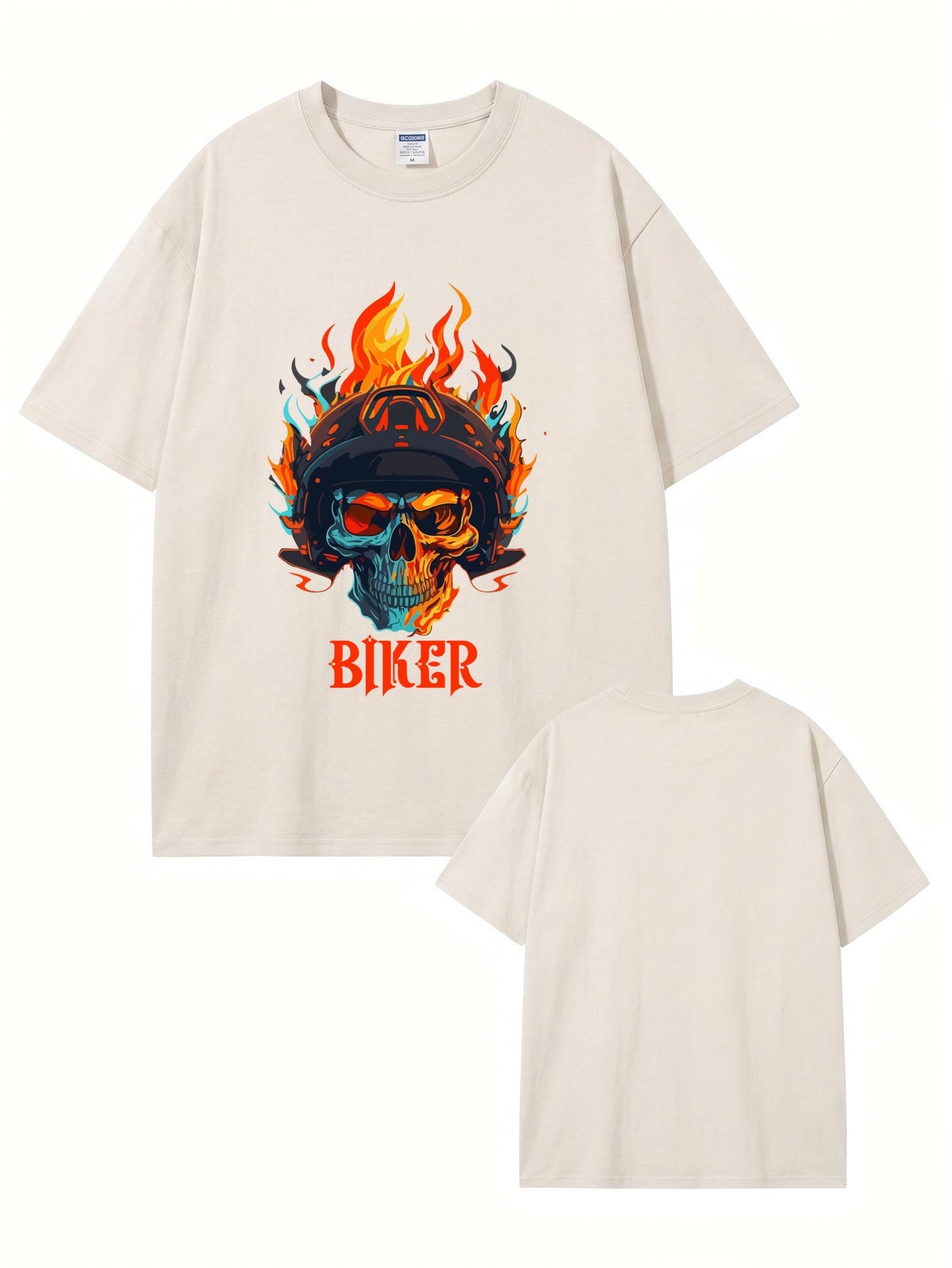 Vintage Washed Biker Skull Flame Graphic T-Shirt | 300GSM Heavyweight Cotton