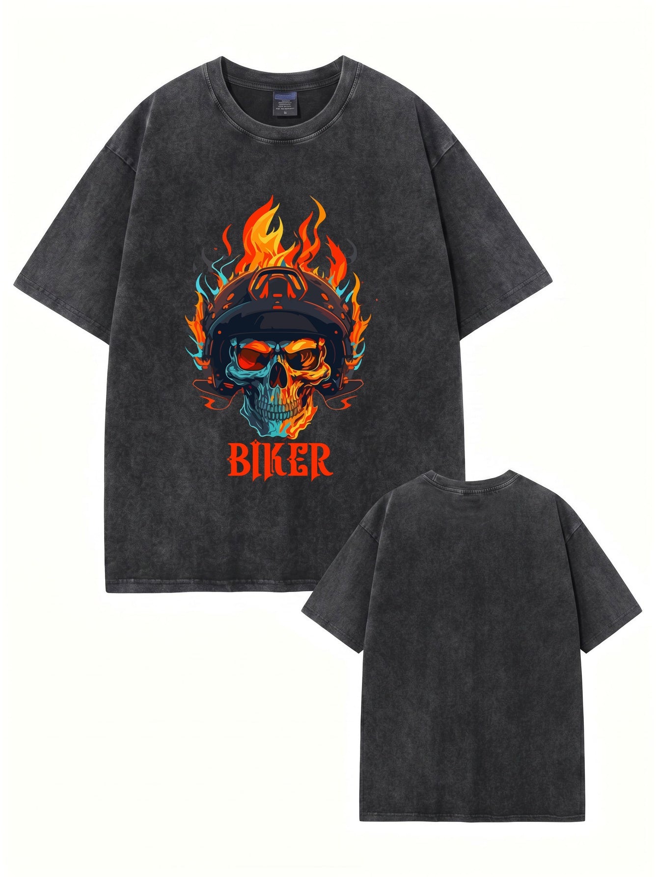 Vintage Washed Biker Skull Flame Graphic T-Shirt | 300GSM Heavyweight Cotton