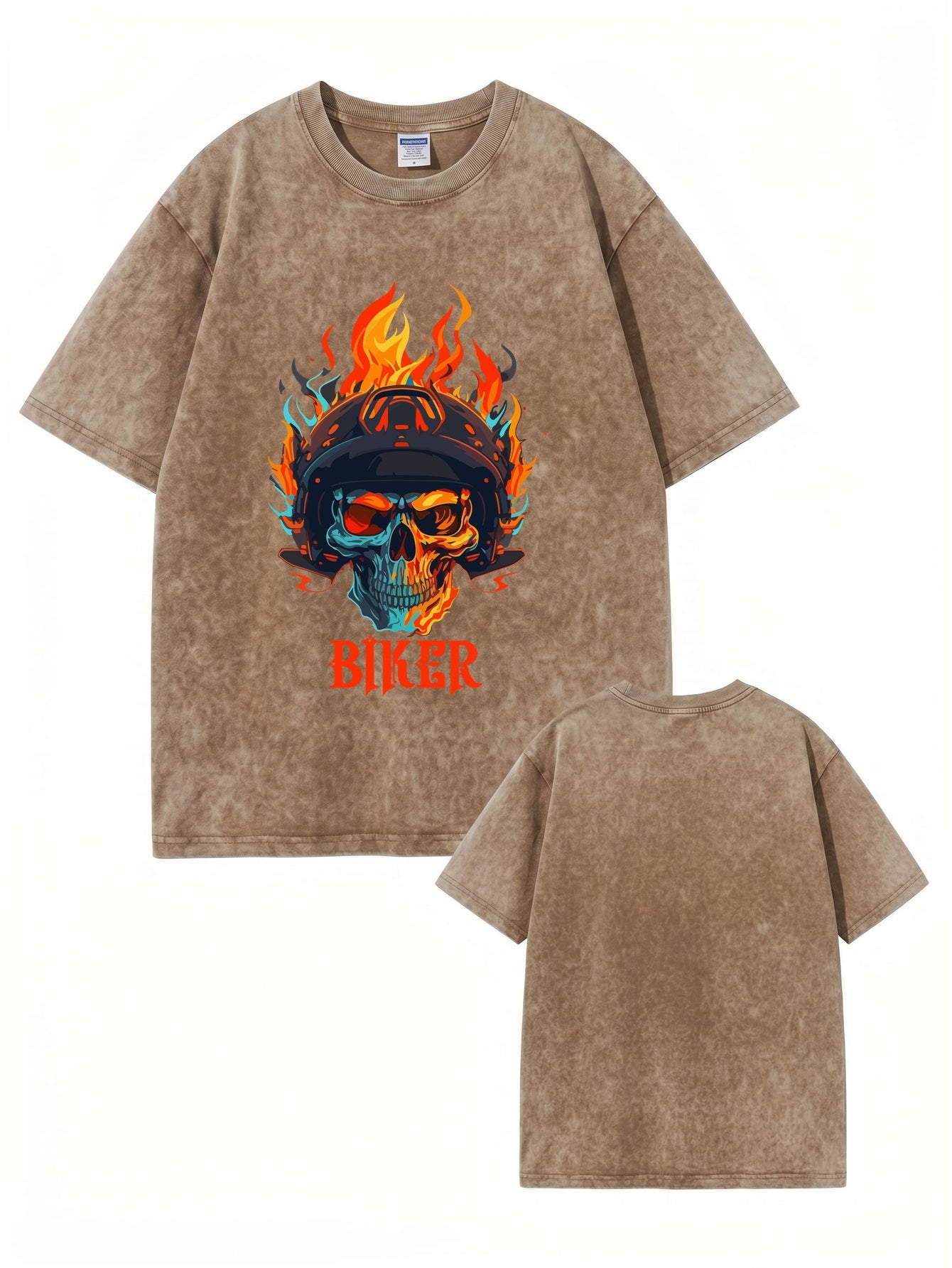 Vintage Washed Biker Skull Flame Graphic T-Shirt | 300GSM Heavyweight Cotton