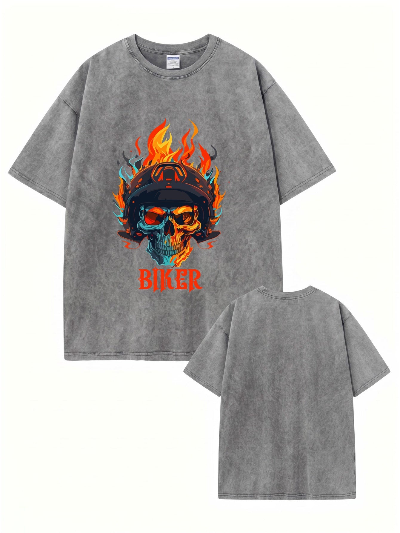 Vintage Washed Biker Skull Flame Graphic T-Shirt | 300GSM Heavyweight Cotton