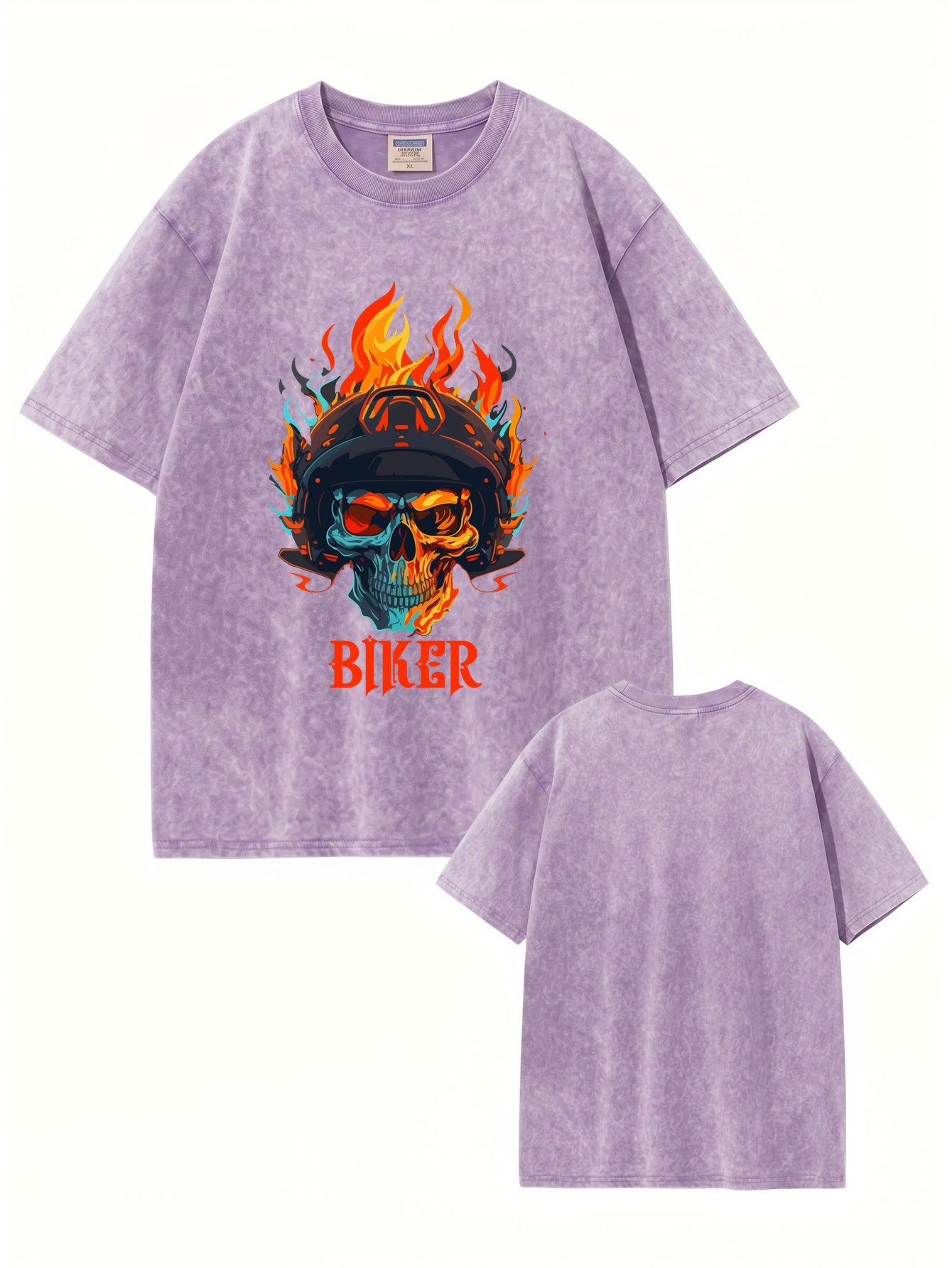 Vintage Washed Biker Skull Flame Graphic T-Shirt | 300GSM Heavyweight Cotton