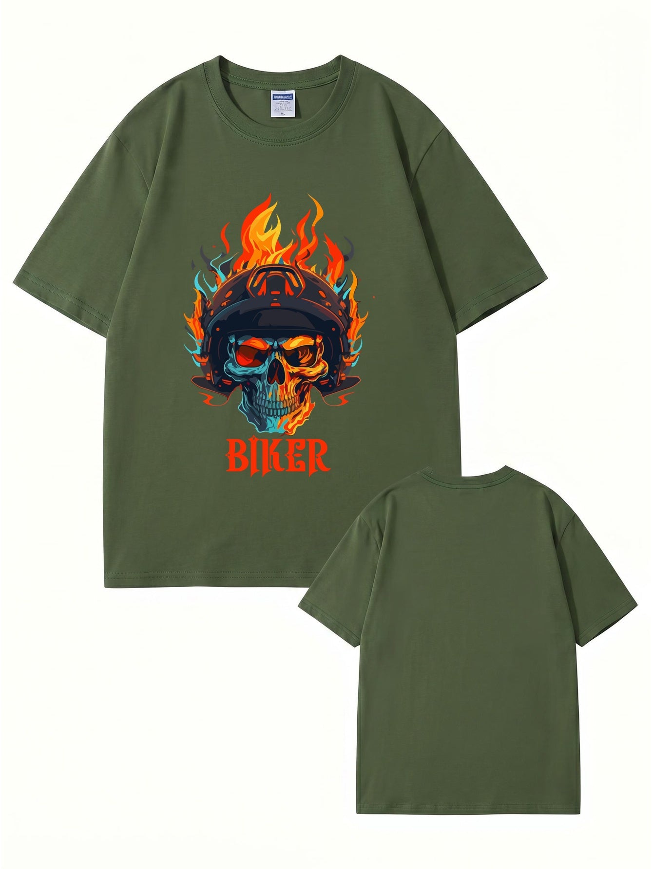 Biker Flaming Skull Graphic Print Men's Heavyweight Cotton T-Shirt