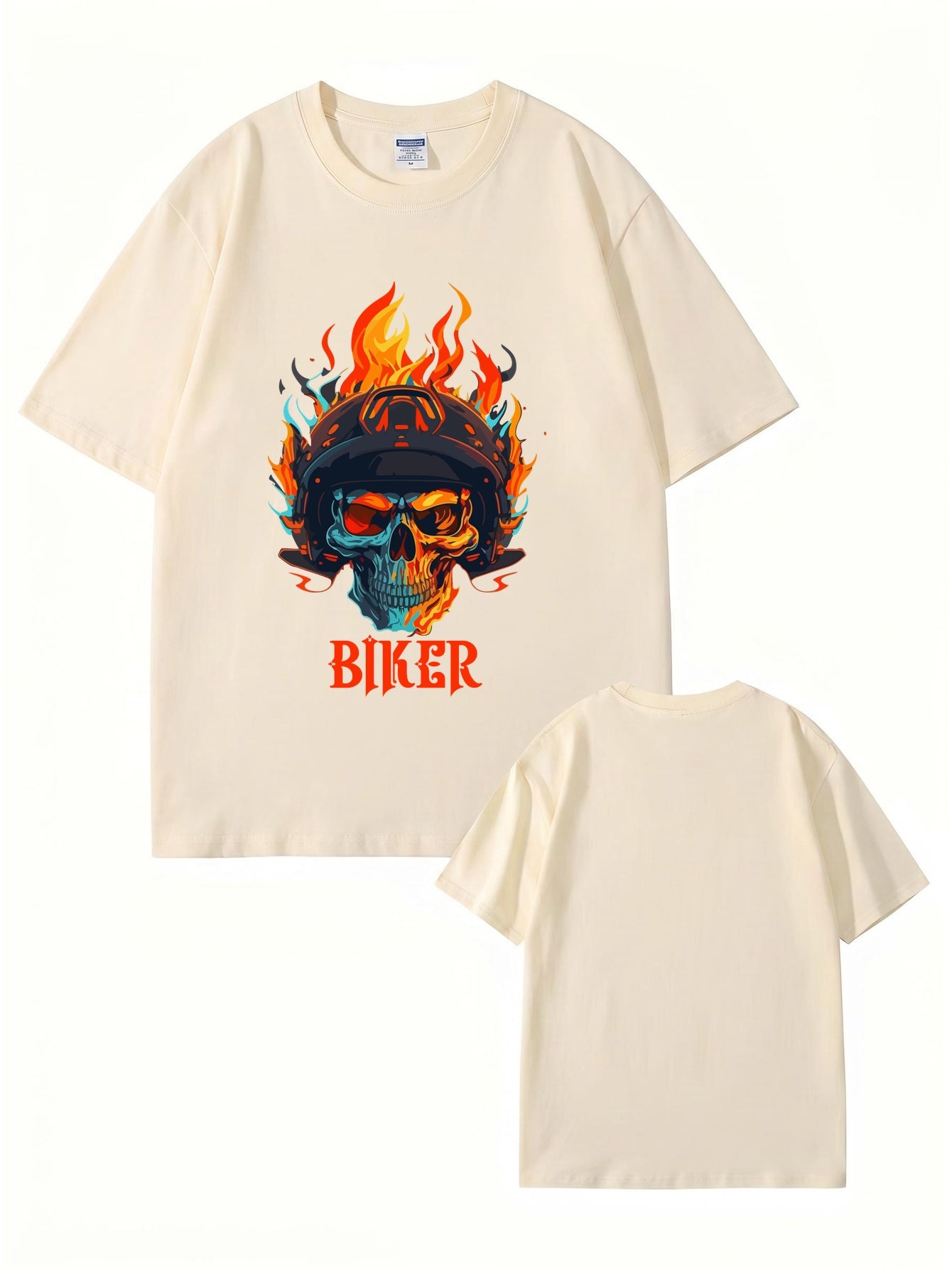 Biker Flaming Skull Graphic Print Men's Heavyweight Cotton T-Shirt