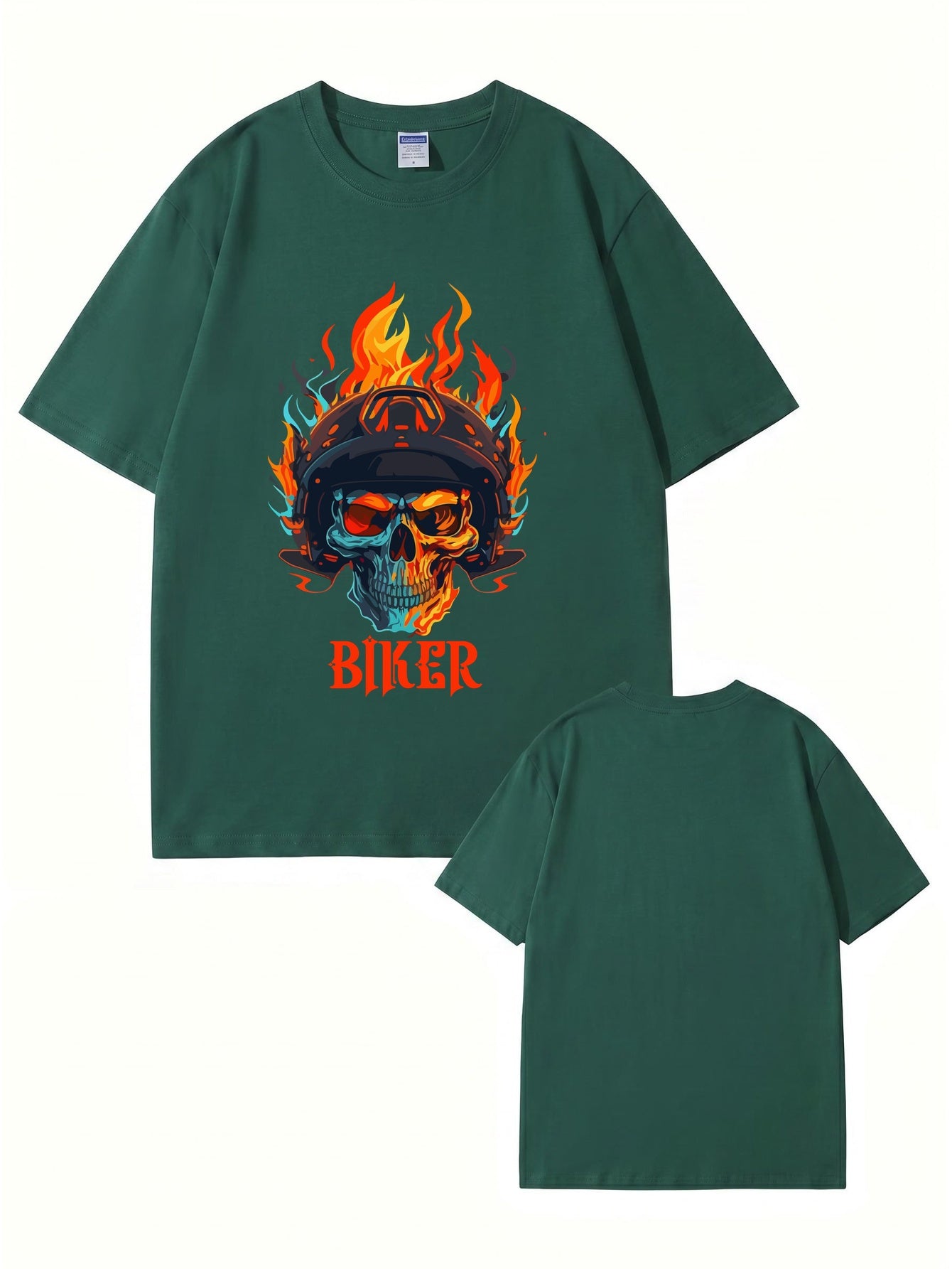 Biker Flaming Skull Graphic Print Men's Heavyweight Cotton T-Shirt