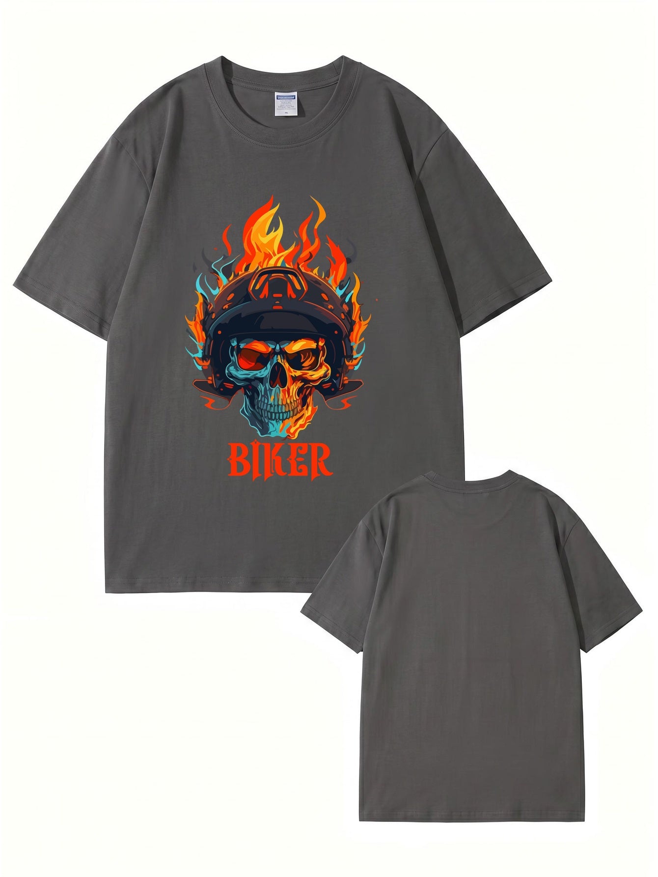 Biker Flaming Skull Graphic Print Men's Heavyweight Cotton T-Shirt