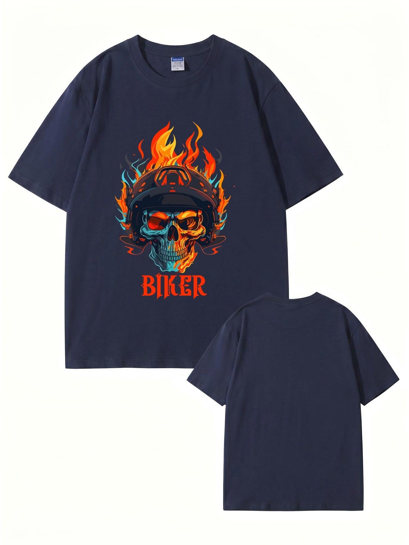 Biker Flaming Skull Graphic Print Men's Heavyweight Cotton T-Shirt