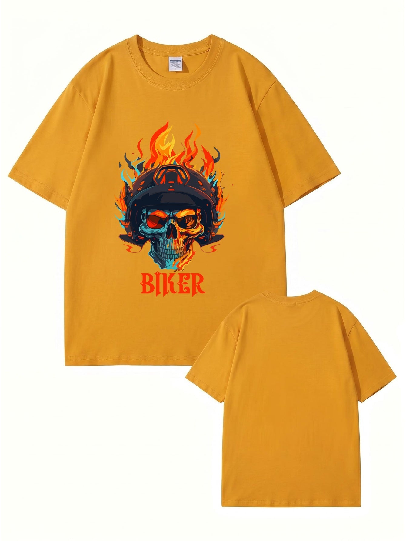 Biker Flaming Skull Graphic Print Men's Heavyweight Cotton T-Shirt