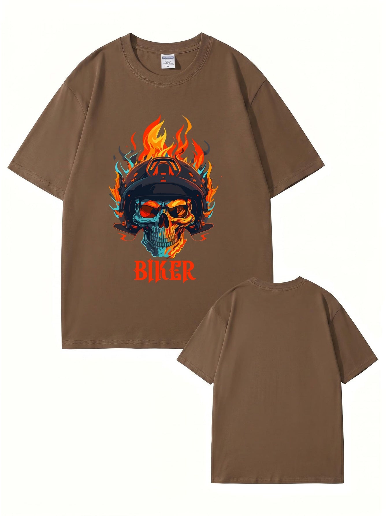 Biker Flaming Skull Graphic Print Men's Heavyweight Cotton T-Shirt