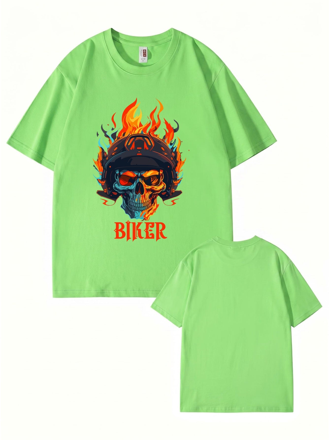 Biker Flaming Skull Graphic Print Men's Heavyweight Cotton T-Shirt