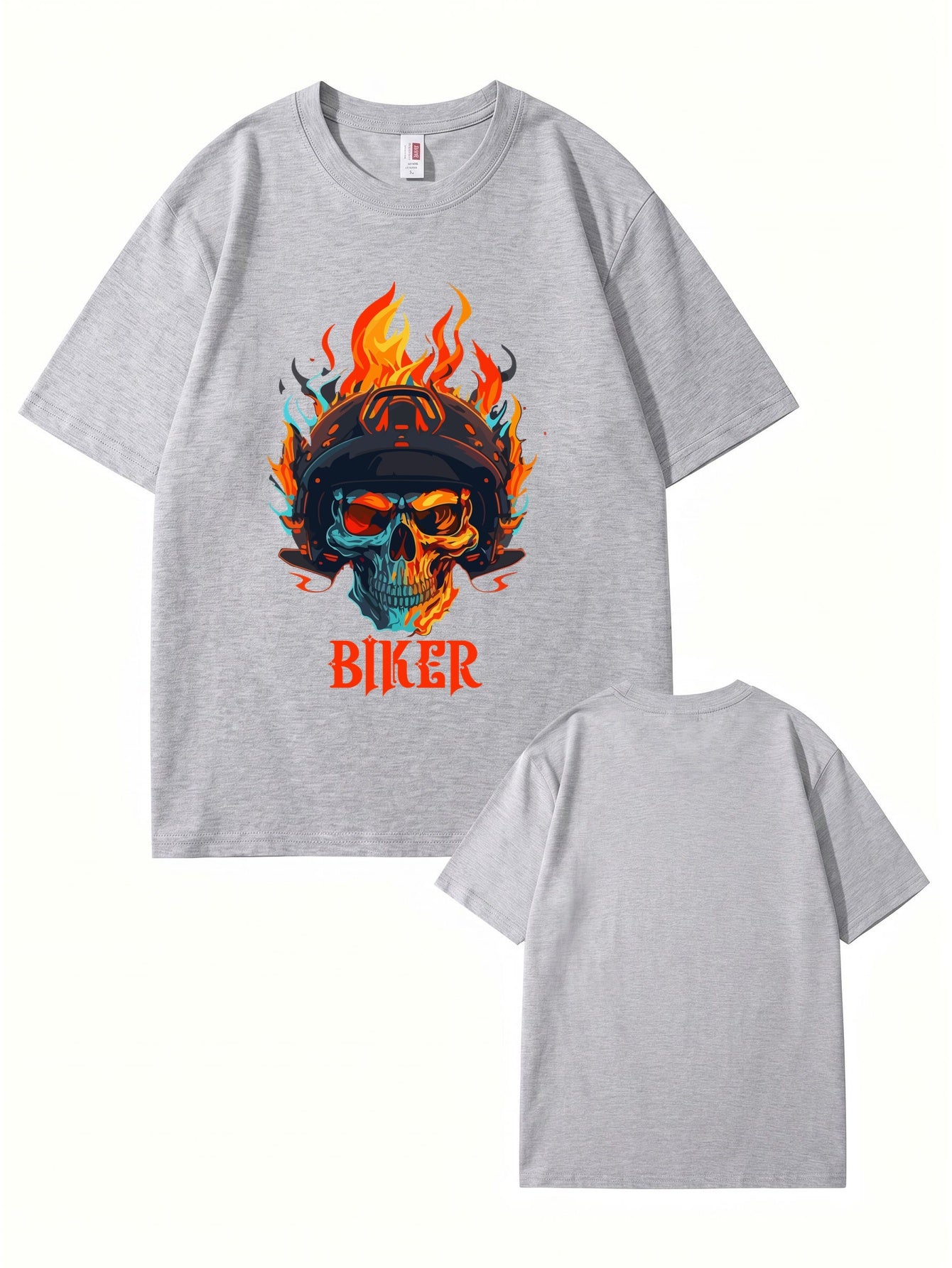 Biker Flaming Skull Graphic Print Men's Heavyweight Cotton T-Shirt