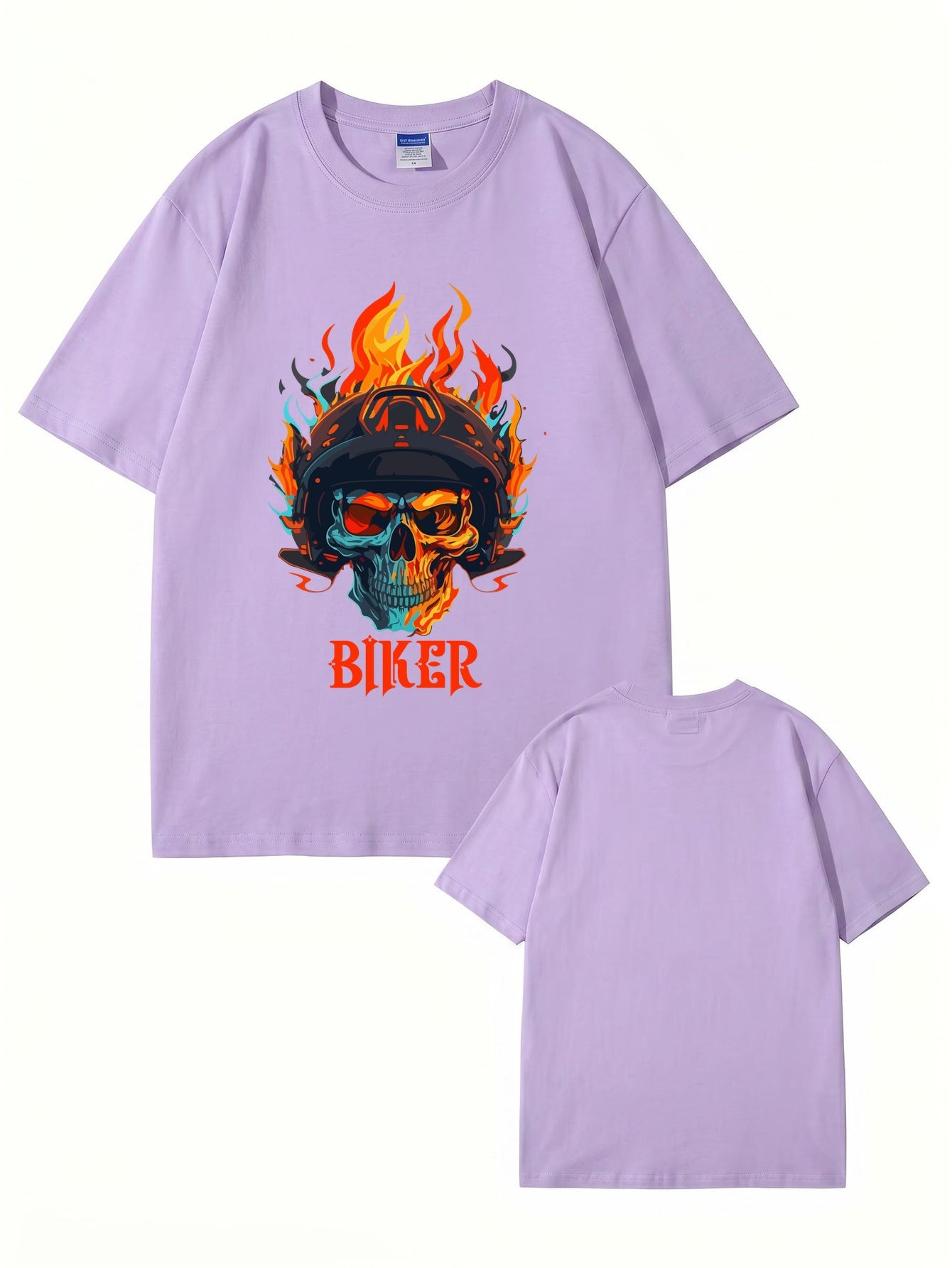 Biker Flaming Skull Graphic Print Men's Heavyweight Cotton T-Shirt