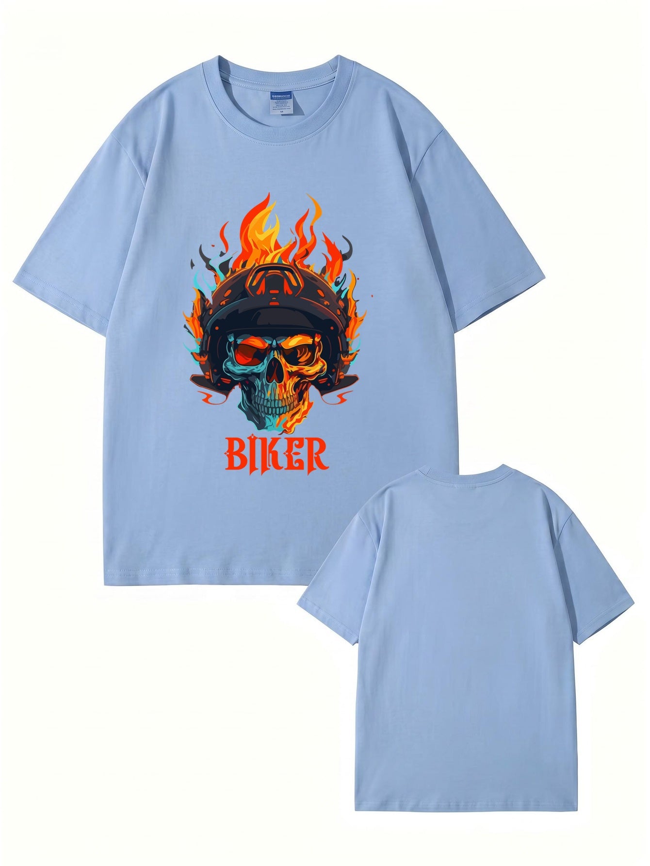 Biker Flaming Skull Graphic Print Men's Heavyweight Cotton T-Shirt