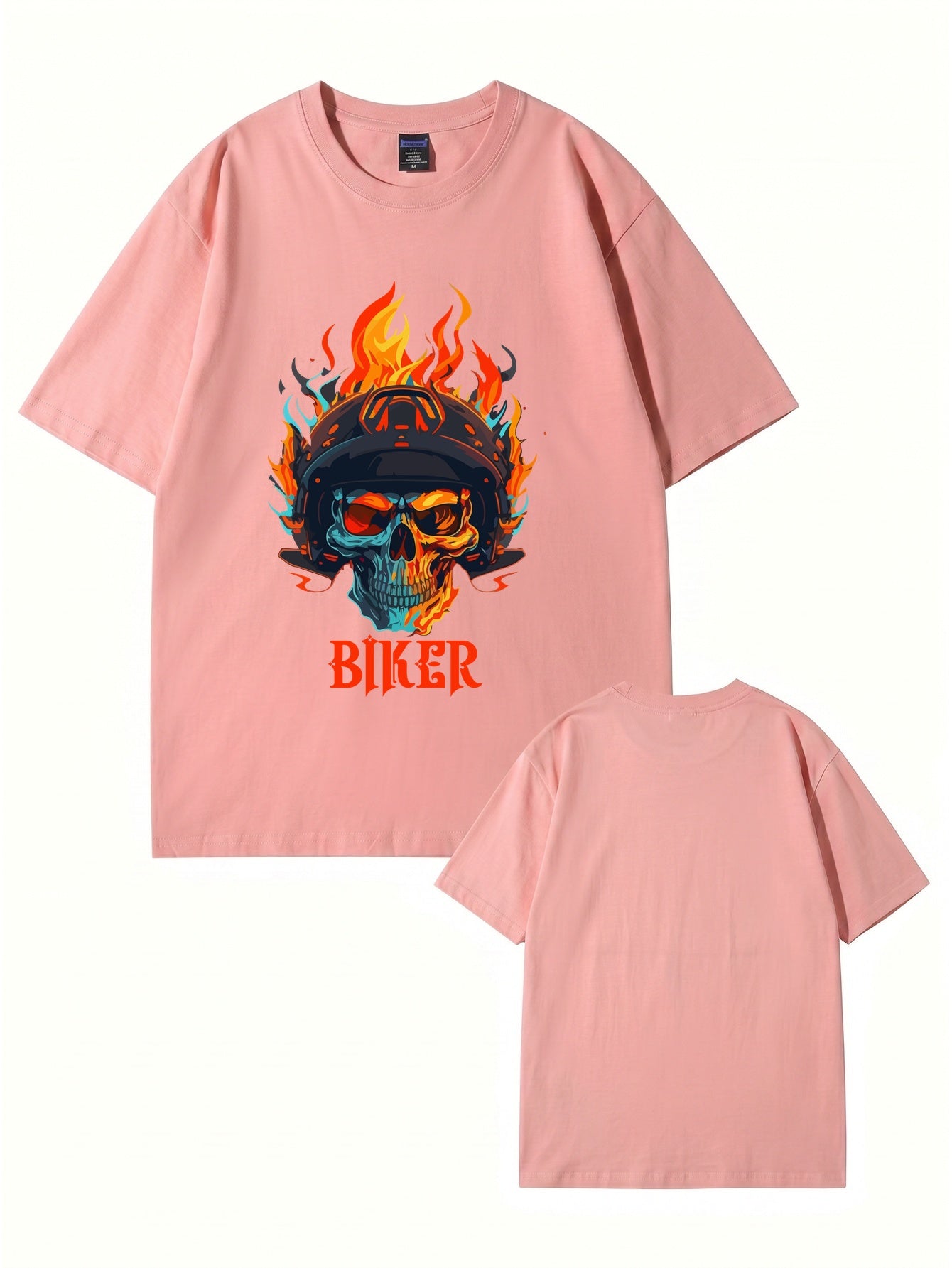Biker Flaming Skull Graphic Print Men's Heavyweight Cotton T-Shirt