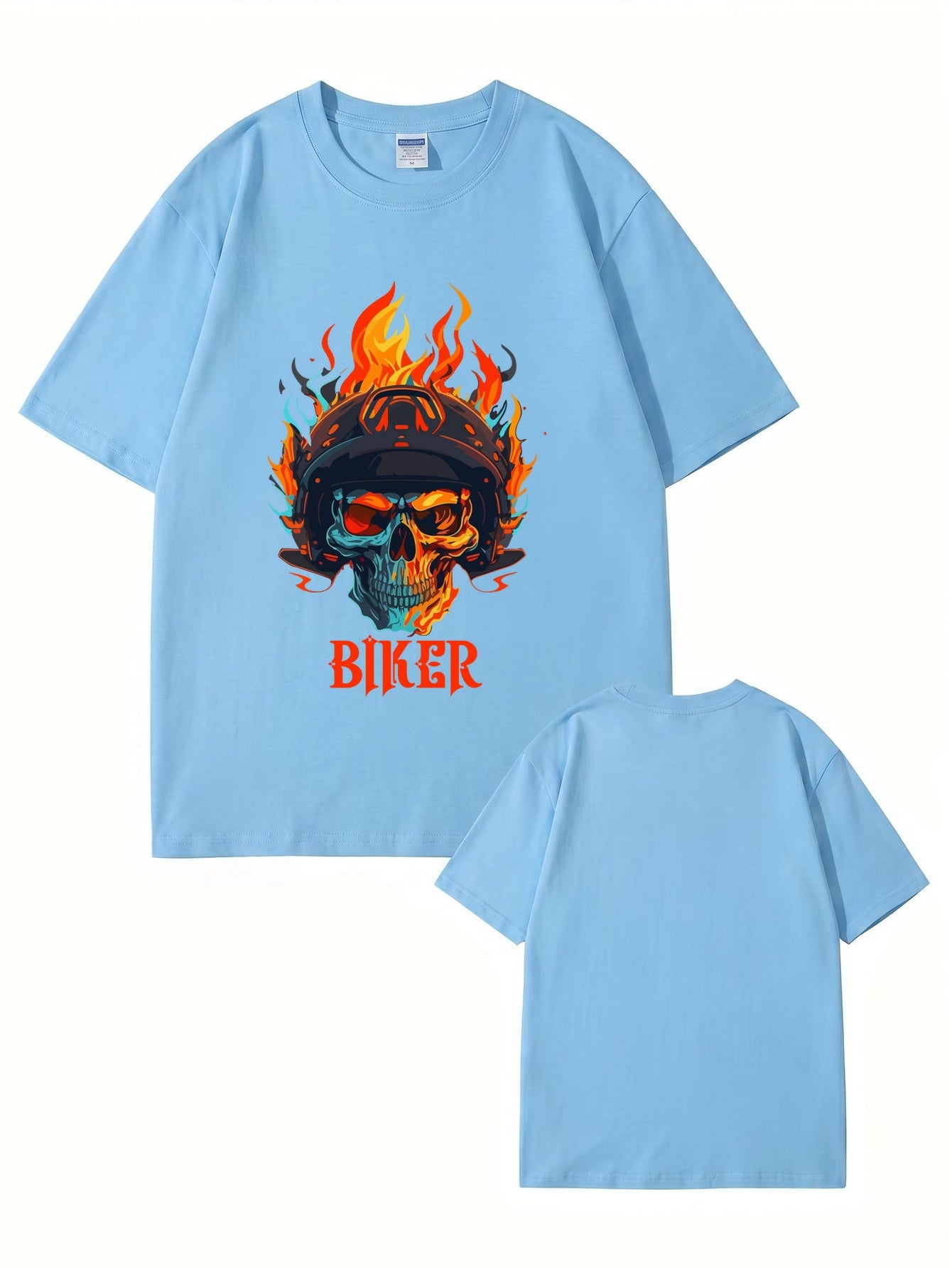 Biker Flaming Skull Graphic Print Men's Heavyweight Cotton T-Shirt