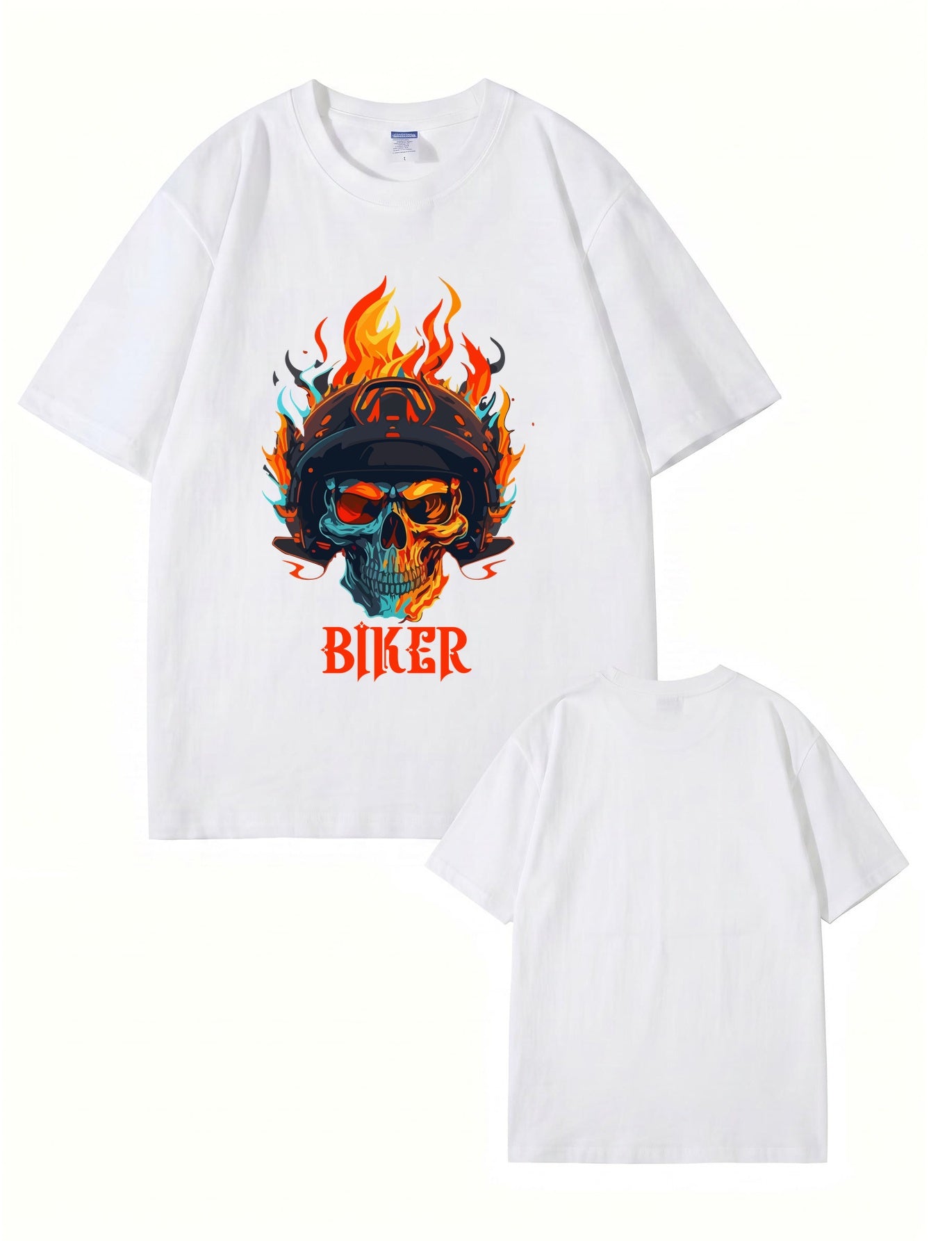 Biker Flaming Skull Graphic Print Men's Heavyweight Cotton T-Shirt