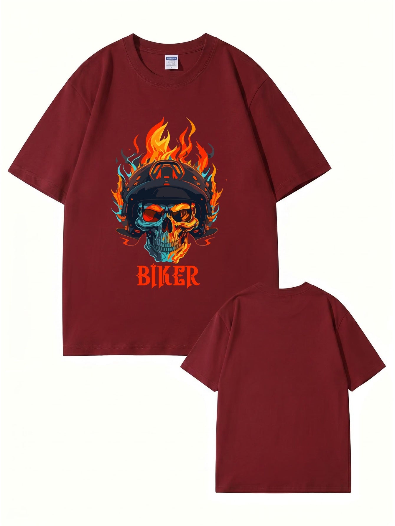 Biker Flaming Skull Graphic Print Men's Heavyweight Cotton T-Shirt