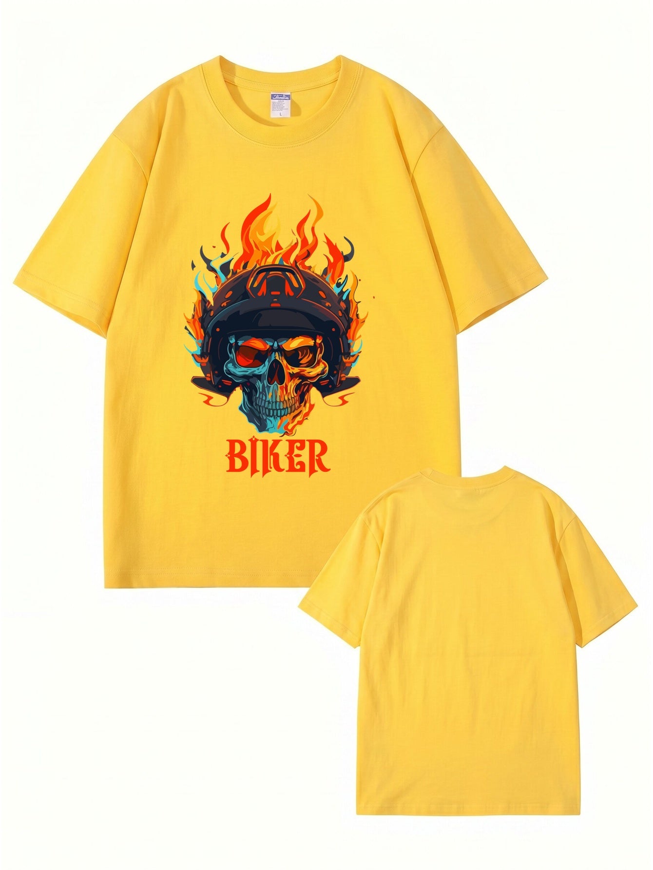 Biker Flaming Skull Graphic Print Men's Heavyweight Cotton T-Shirt