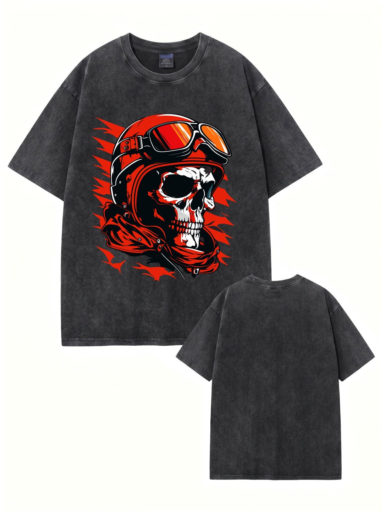 Vintage Washed Skull Biker Graphic Tee - 300GSM Heavyweight Cotton