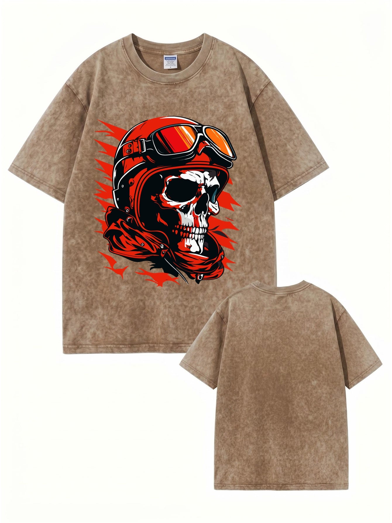 Vintage Washed Skull Biker Graphic Tee - 300GSM Heavyweight Cotton