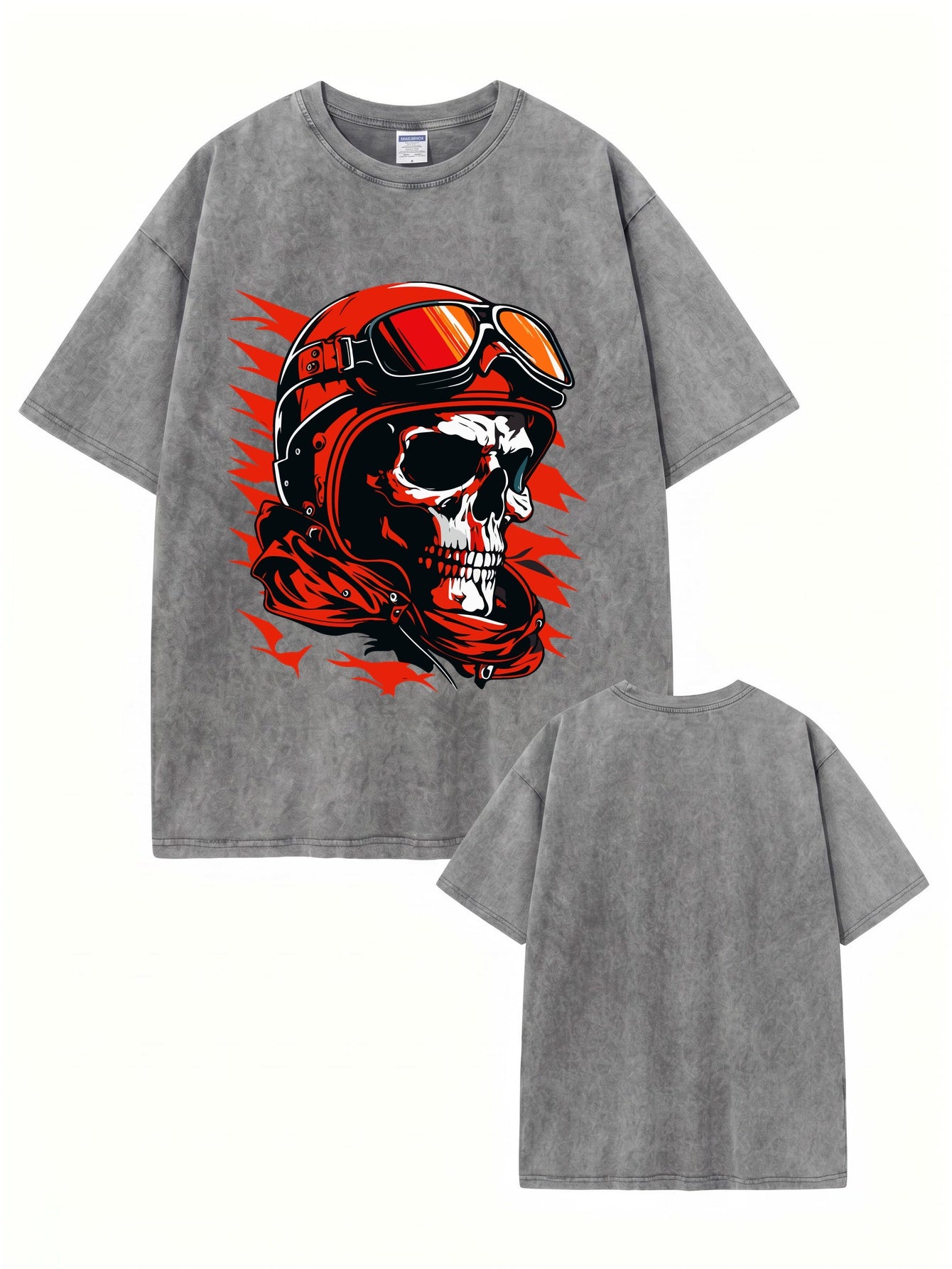 Vintage Washed Skull Biker Graphic Tee - 300GSM Heavyweight Cotton
