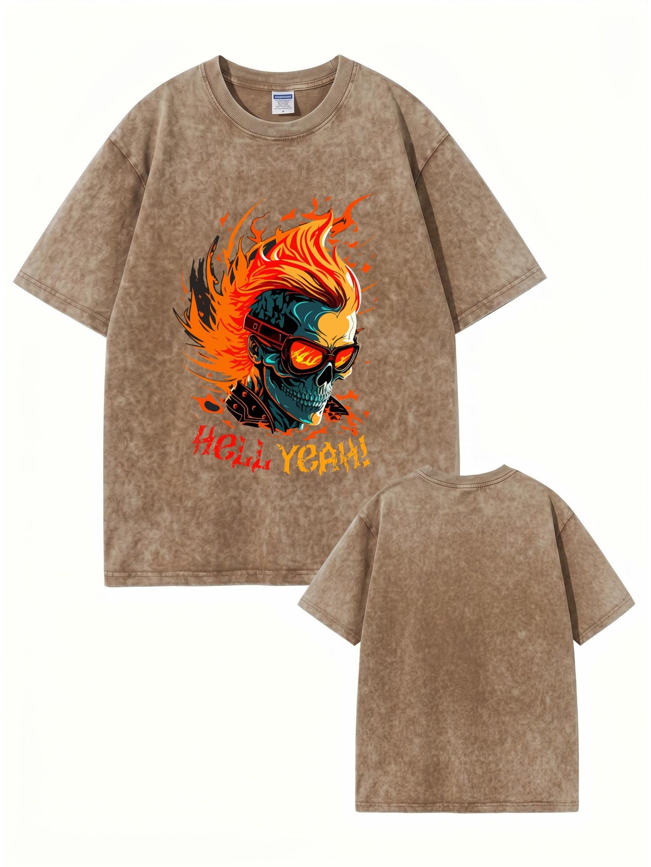 Vintage Washed Oversized T-Shirt with Flaming Skull Graphic Print